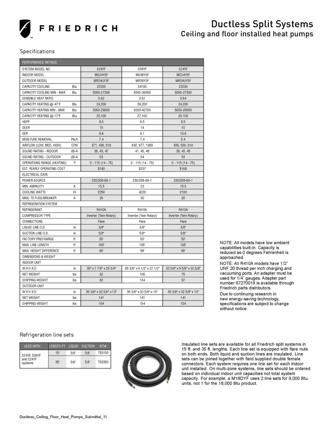 Friedrich S36YF, C24YF manual Specifications, Refrigeration line sets 