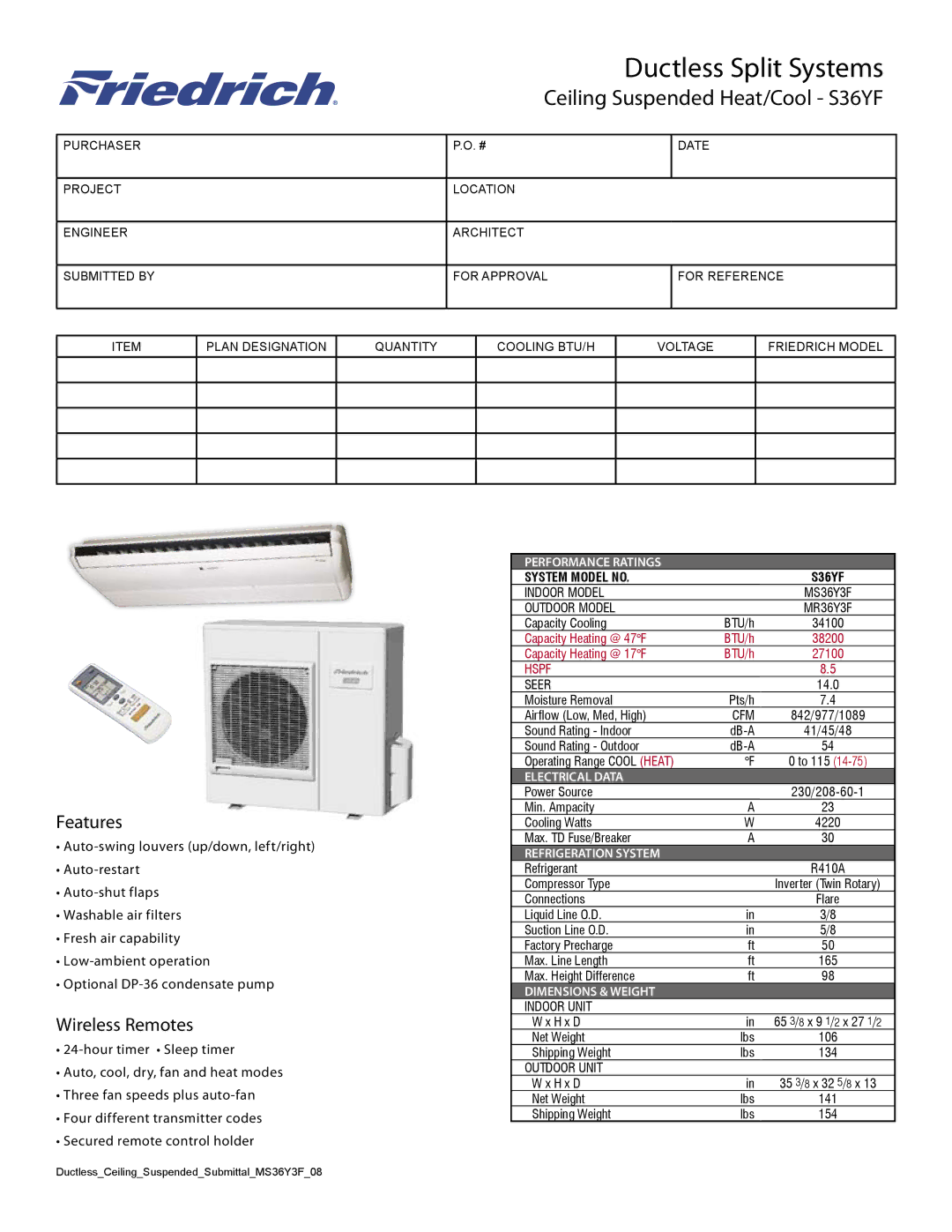 Friedrich S36YF dimensions Features, Wireless Remotes 