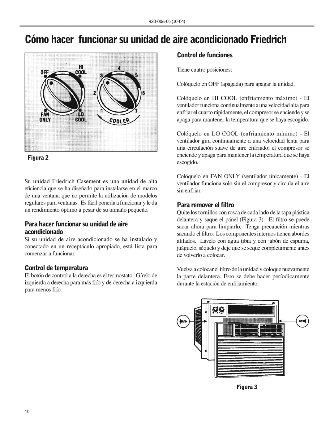 Friedrich SC06 manual Para hacer funcionar su unidad de aire acondicionado, Control de temperatura, Control de funciones 