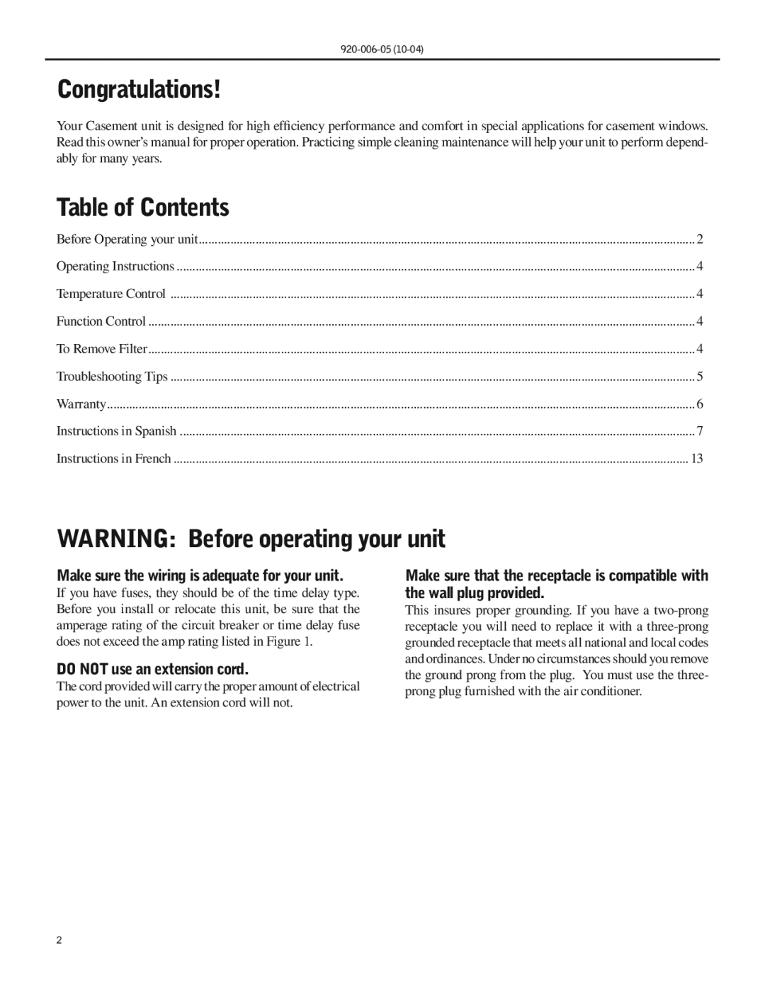 Friedrich SC06 manual Congratulations Table of Contents 