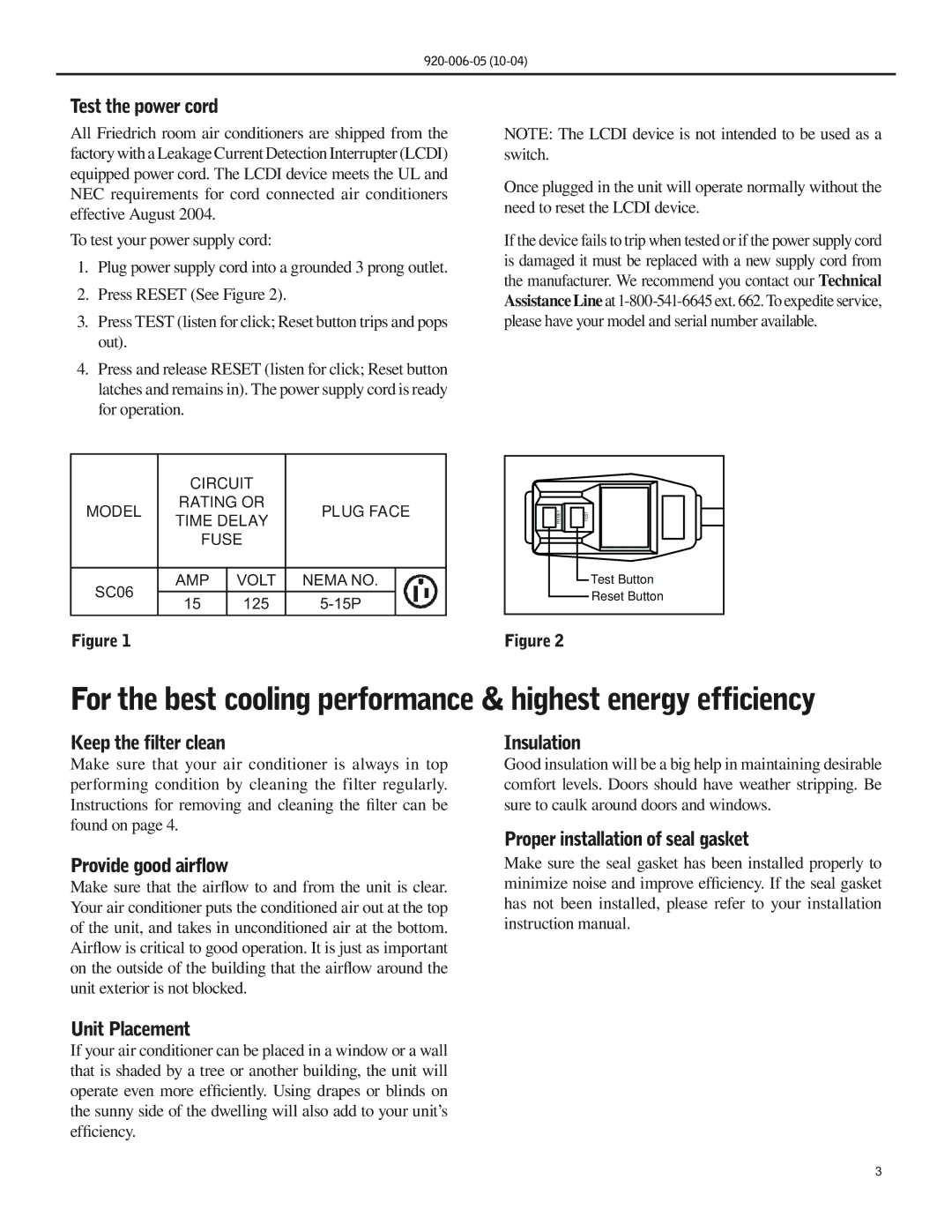 Friedrich SC06 manual Test the power cord, Keep the filter clean, Provide good airflow, Insulation 