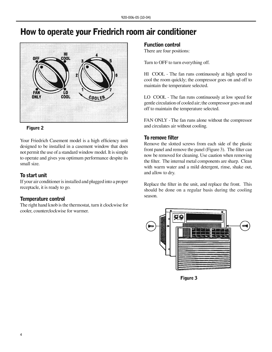 Friedrich SC06 How to operate your Friedrich room air conditioner, To start unit, Temperature control, Function control 