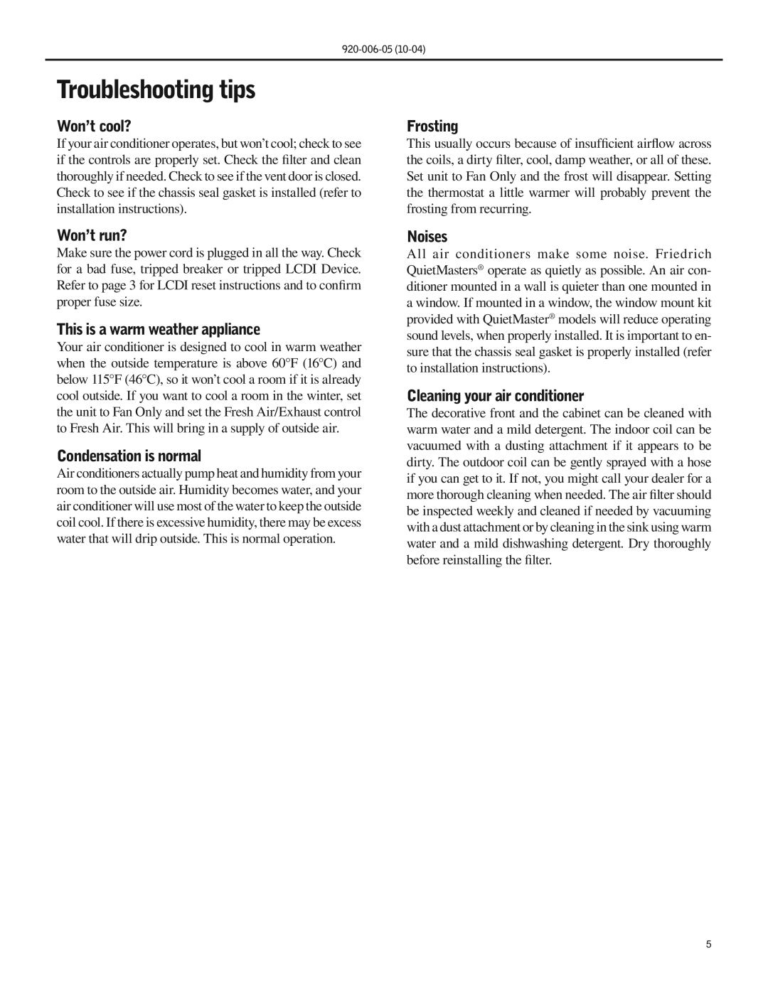 Friedrich SC06 manual Troubleshooting tips 