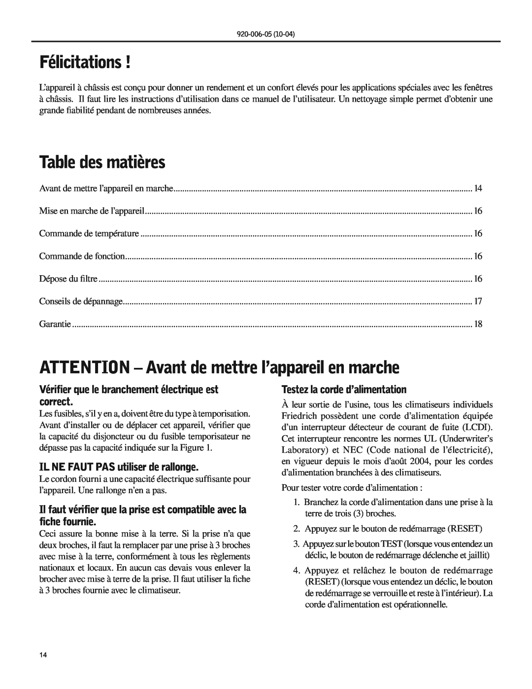 Friedrich SC06 manual Félicitations, Table des matières, ATTENTION - Avant de mettre l’appareil en marche 