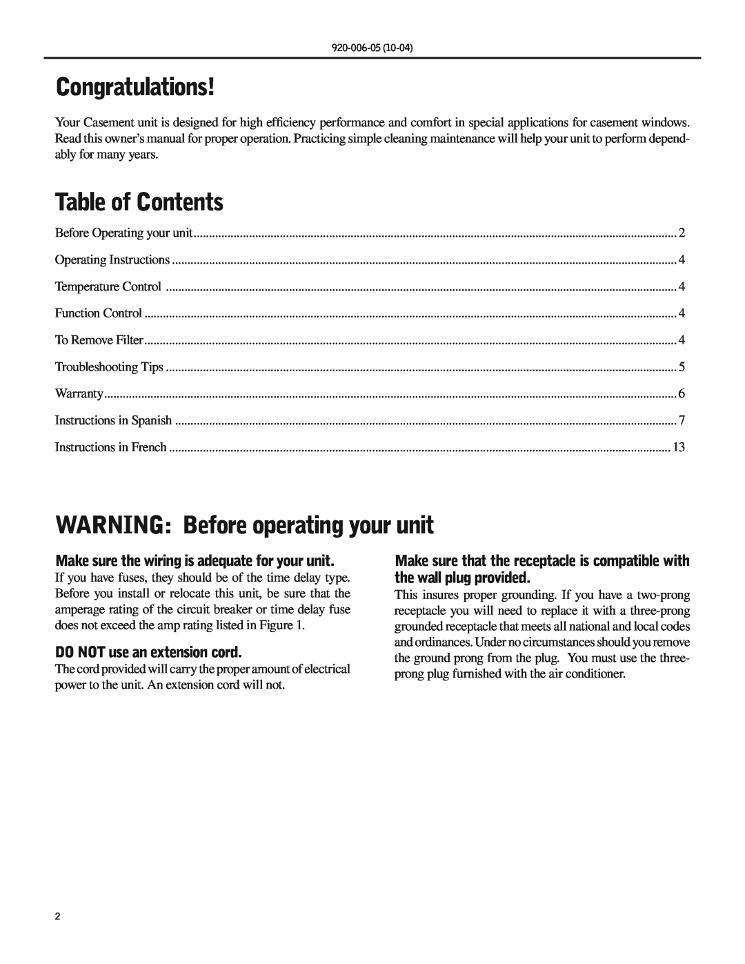 Friedrich SC06 manual Congratulations, Table of Contents, WARNING Before operating your unit, DO NOT use an extension cord 
