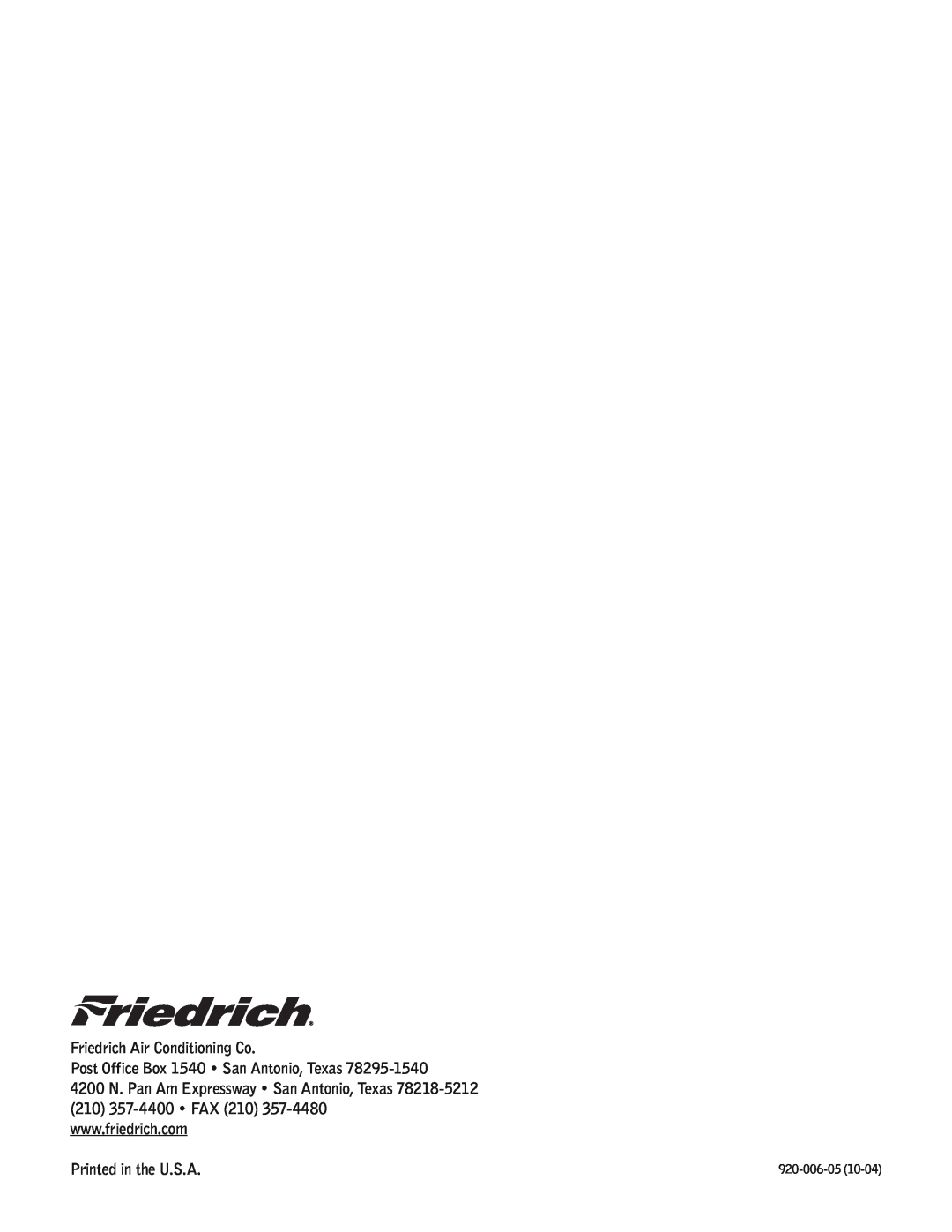 Friedrich SC06 manual Friedrich Air Conditioning Co, Post Office Box 1540 San Antonio, Texas, 920-006-05 