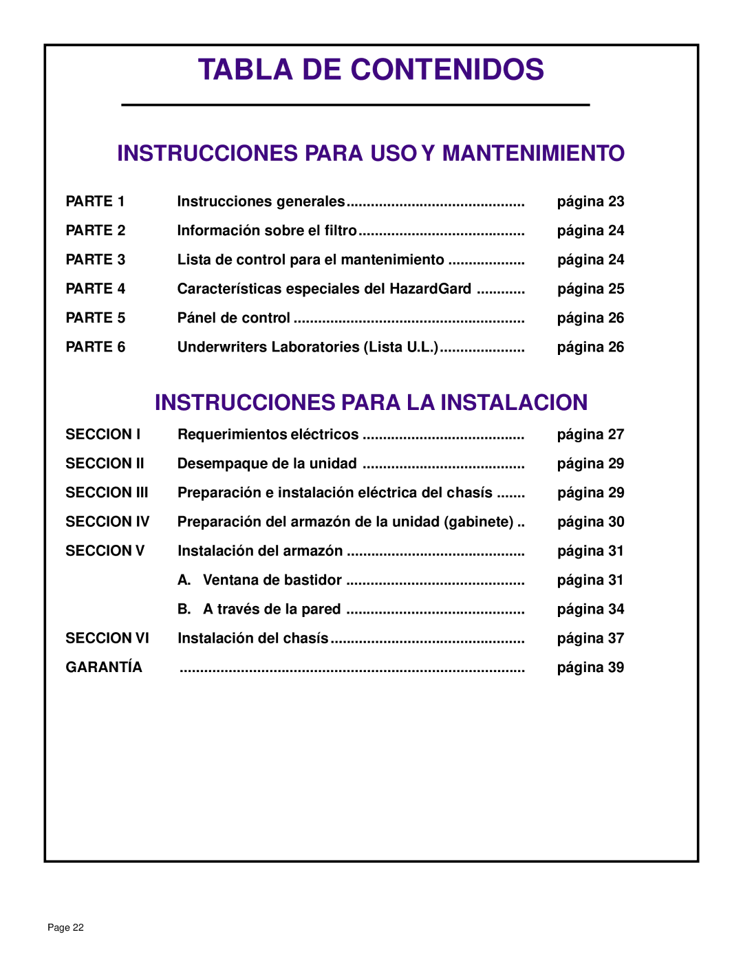 Friedrich SH14, SH20 Instrucciones Para USO Y Mantenimiento, Instrucciones Para LA Instalacion, Parte, Seccion, Garantía 