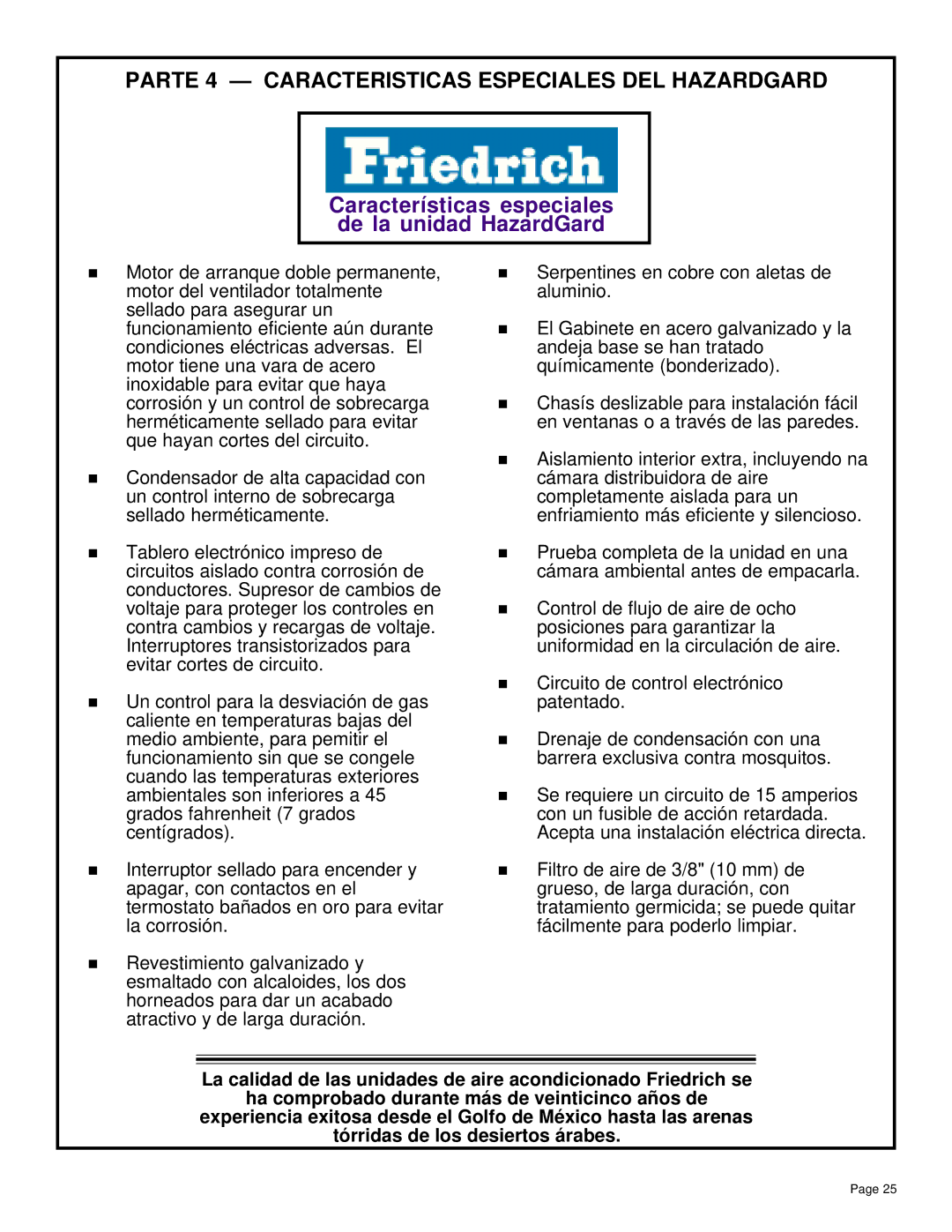 Friedrich SH20, SH14 installation manual Parte 4 Caracteristicas Especiales DEL Hazardgard 