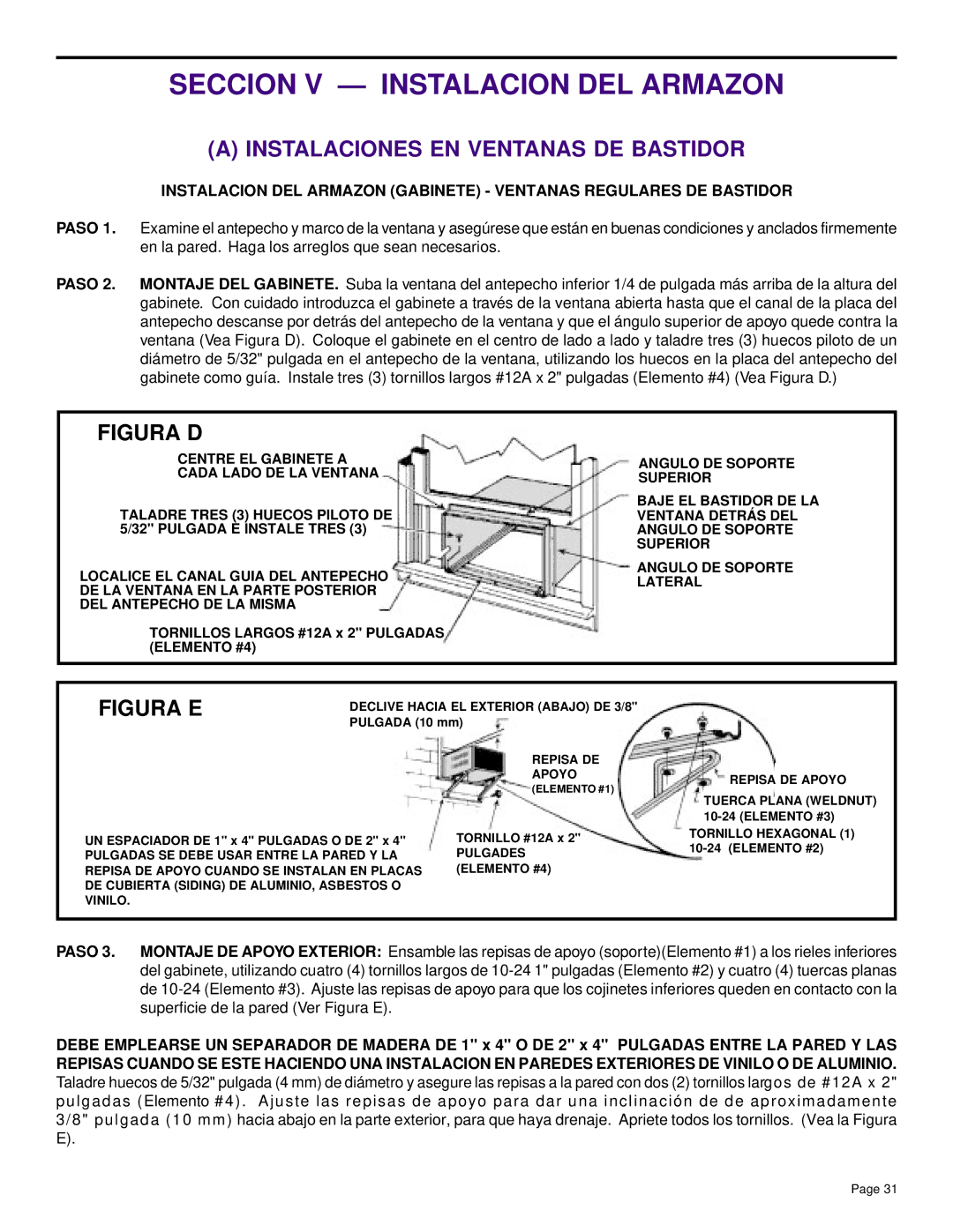 Friedrich SH20, SH14 installation manual Seccion V Instalacion DEL Armazon, Instalaciones EN Ventanas DE Bastidor 