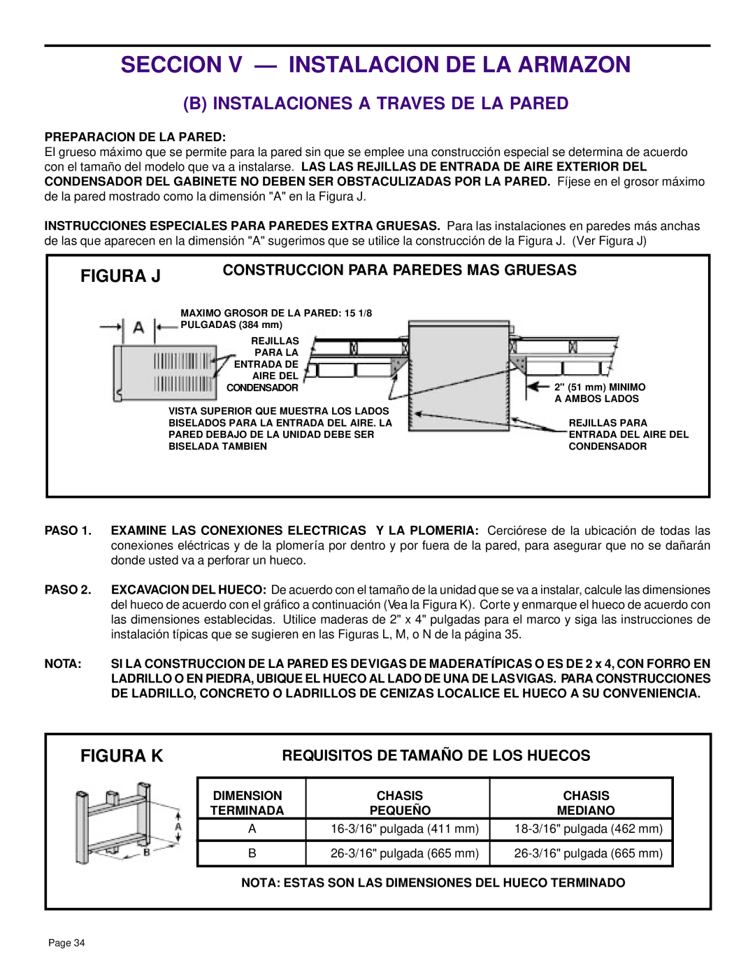 Friedrich SH14 Seccion V Instalacion DE LA Armazon, Instalaciones a Traves DE LA Pared, Requisitos DE Tamaño DE LOS Huecos 