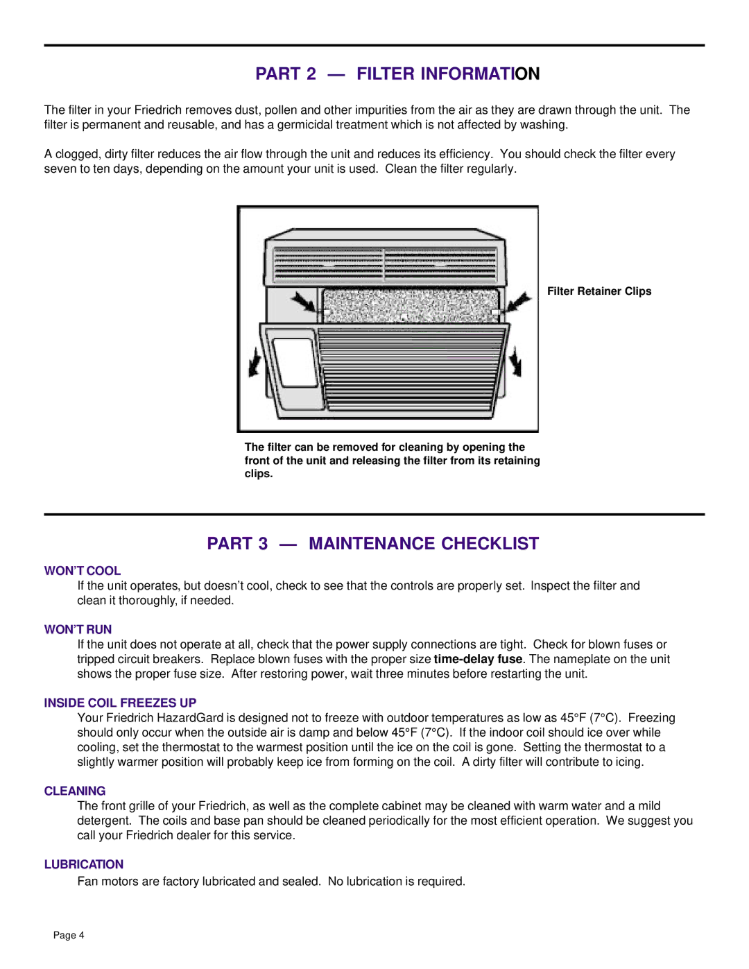 Friedrich SH14, SH20 installation manual Part 2 Filter Information, Part 3 Maintenance Checklist 