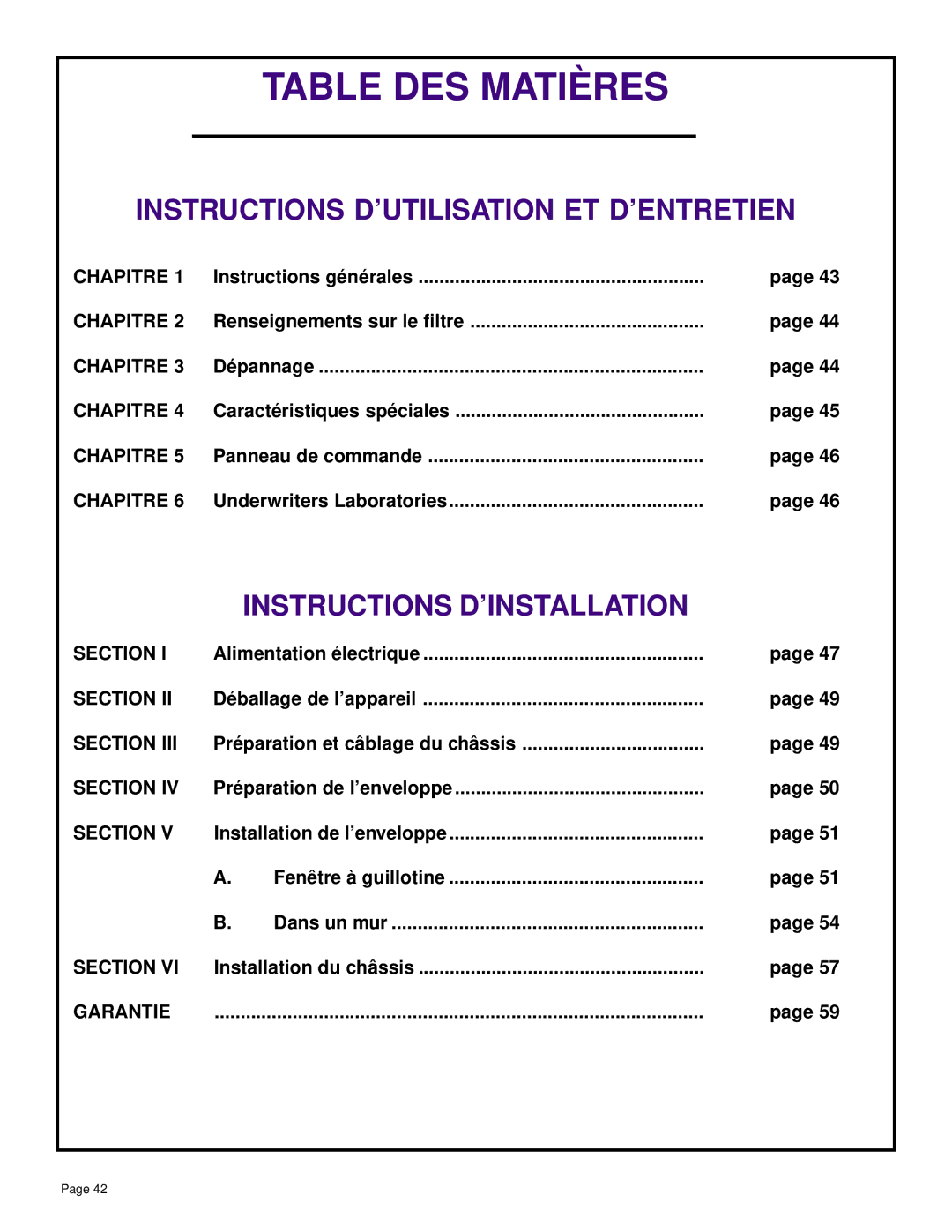 Friedrich SH14, SH20 Instructions D’UTILISATION ET D’ENTRETIEN, Instructions D’INSTALLATION, Chapitre, Garantie 