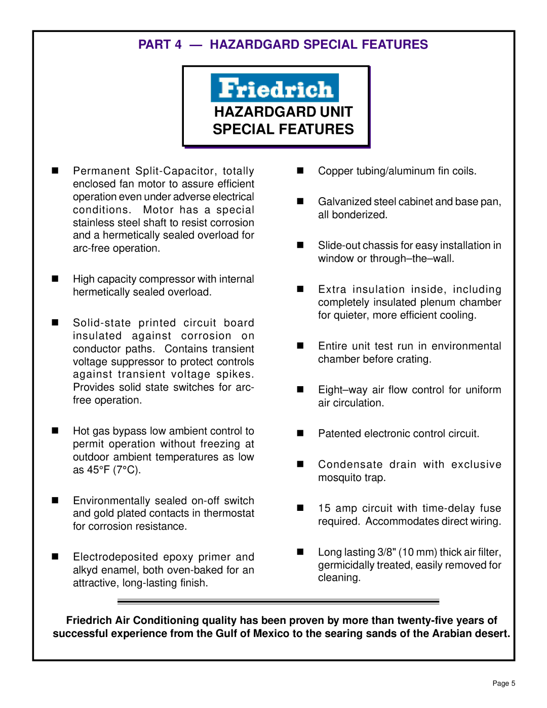 Friedrich SH20, SH14 installation manual Hazardgard Unit Special Features, Part 4 Hazardgard Special Features 