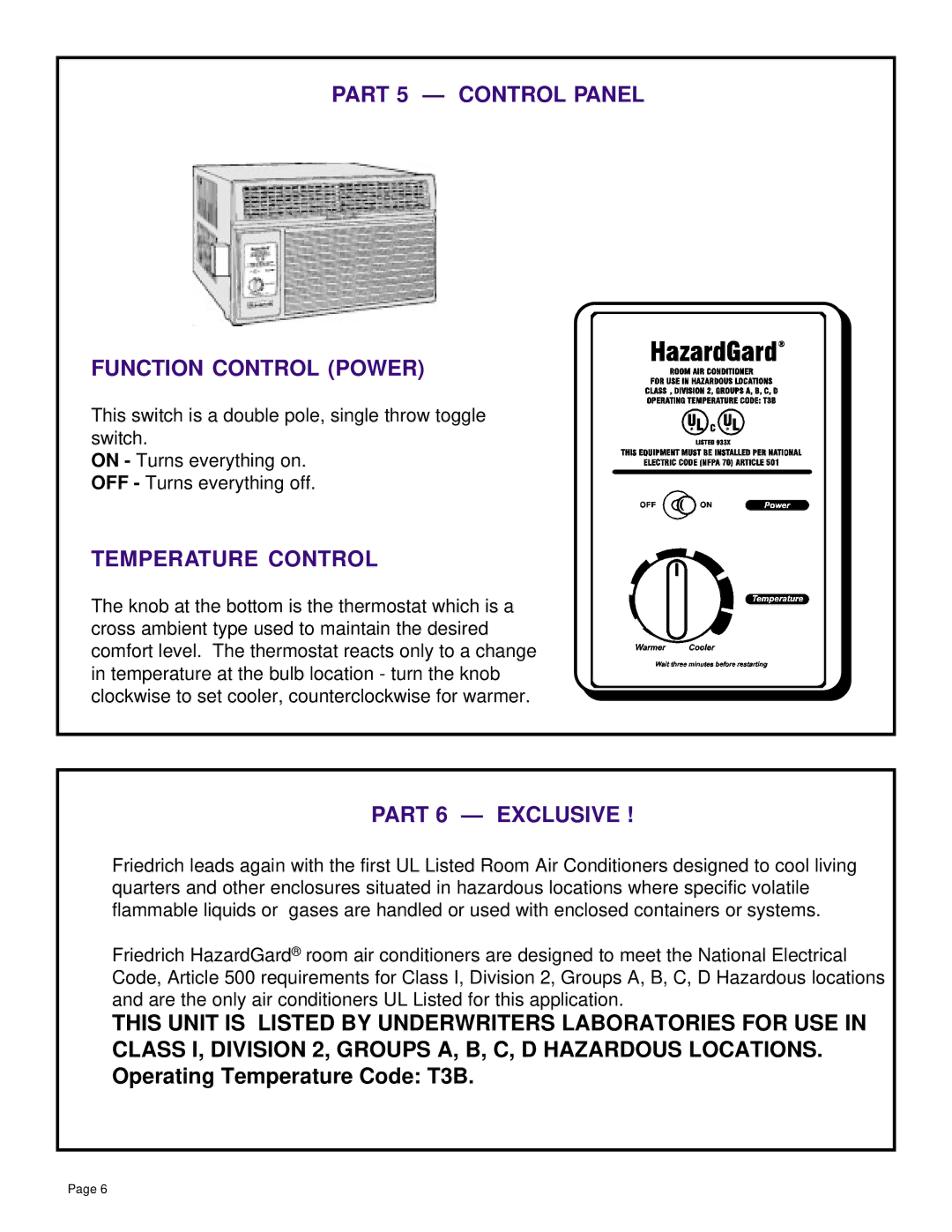 Friedrich SH14, SH20 installation manual Part 5 Control Panel Function Control Power, Temperature Control, Part 6 Exclusive 