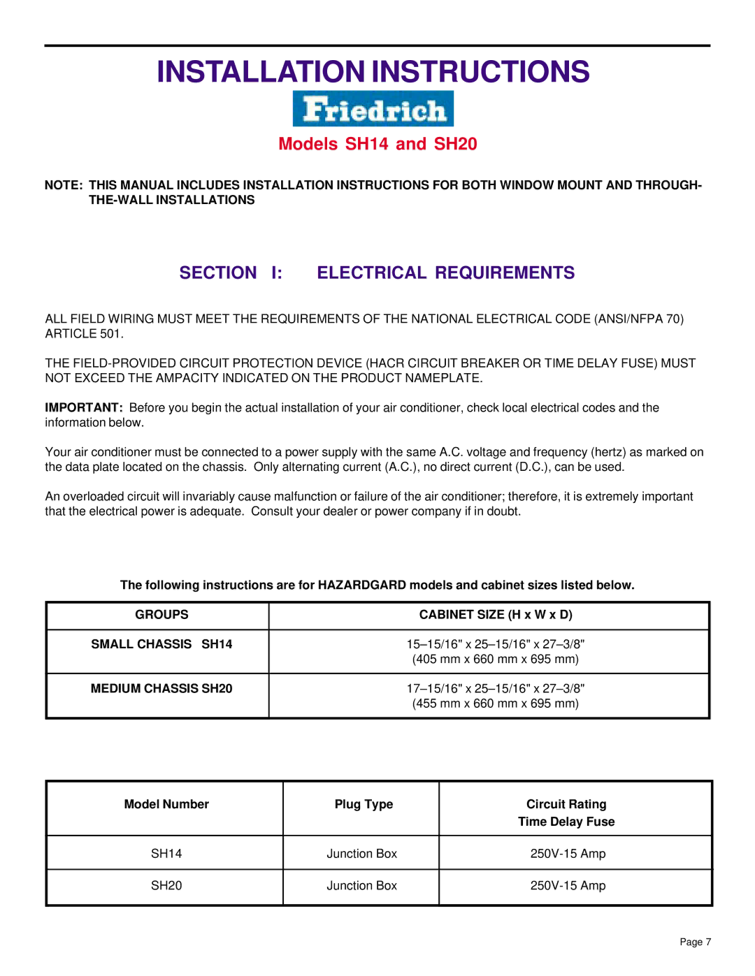 Friedrich SH20, SH14 installation manual Installation Instructions, Section I Electrical Requirements 