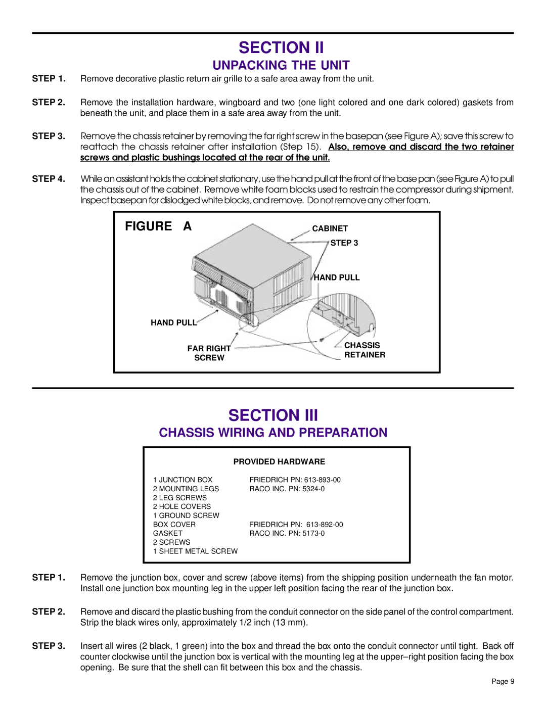 Friedrich SH20, SH14 installation manual Section, Unpacking the Unit, Chassis Wiring and Preparation 