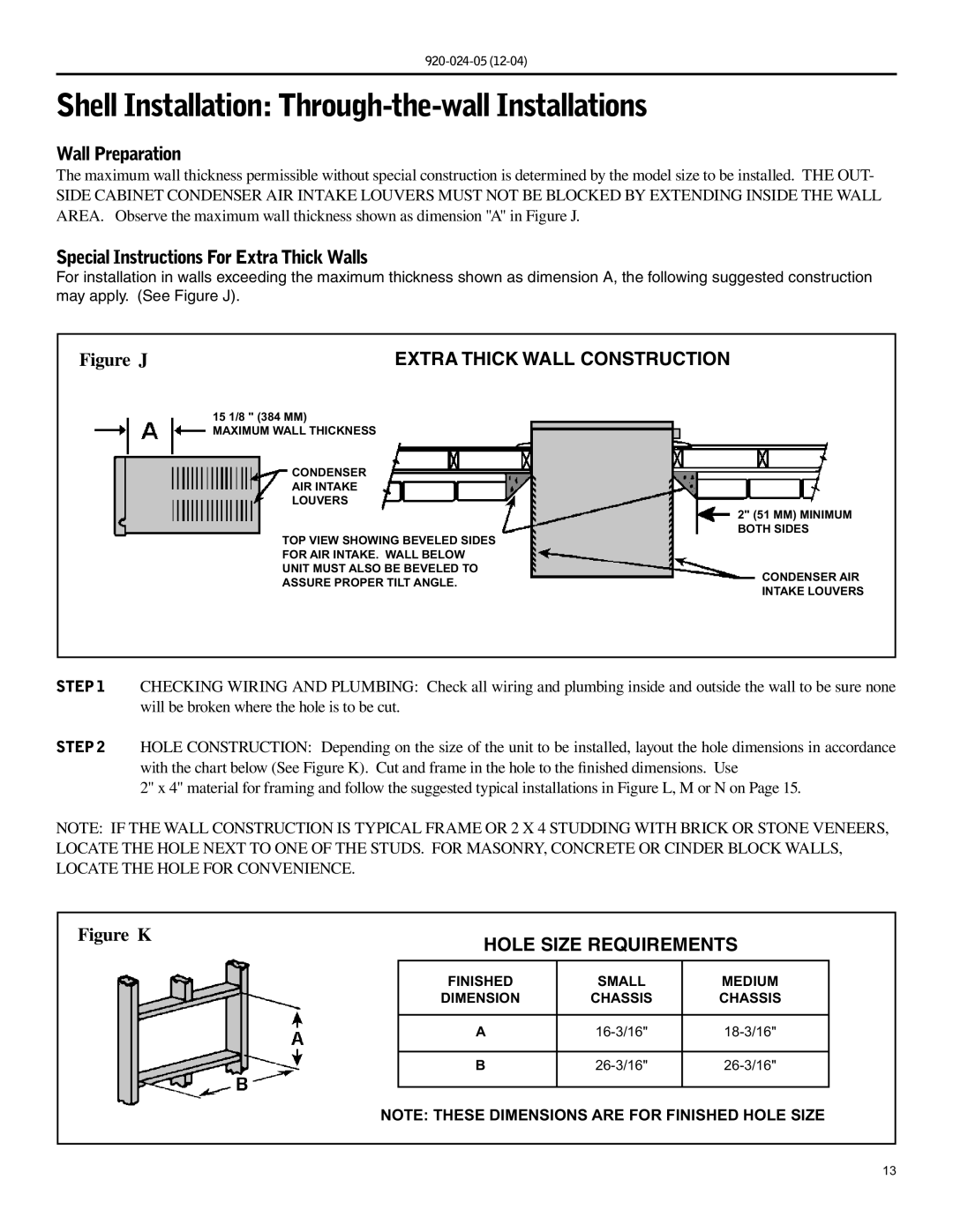 Friedrich SH20, SH15 Shell Installation Through-the-wall Installations, Wall Preparation, Hole Size Requirements 