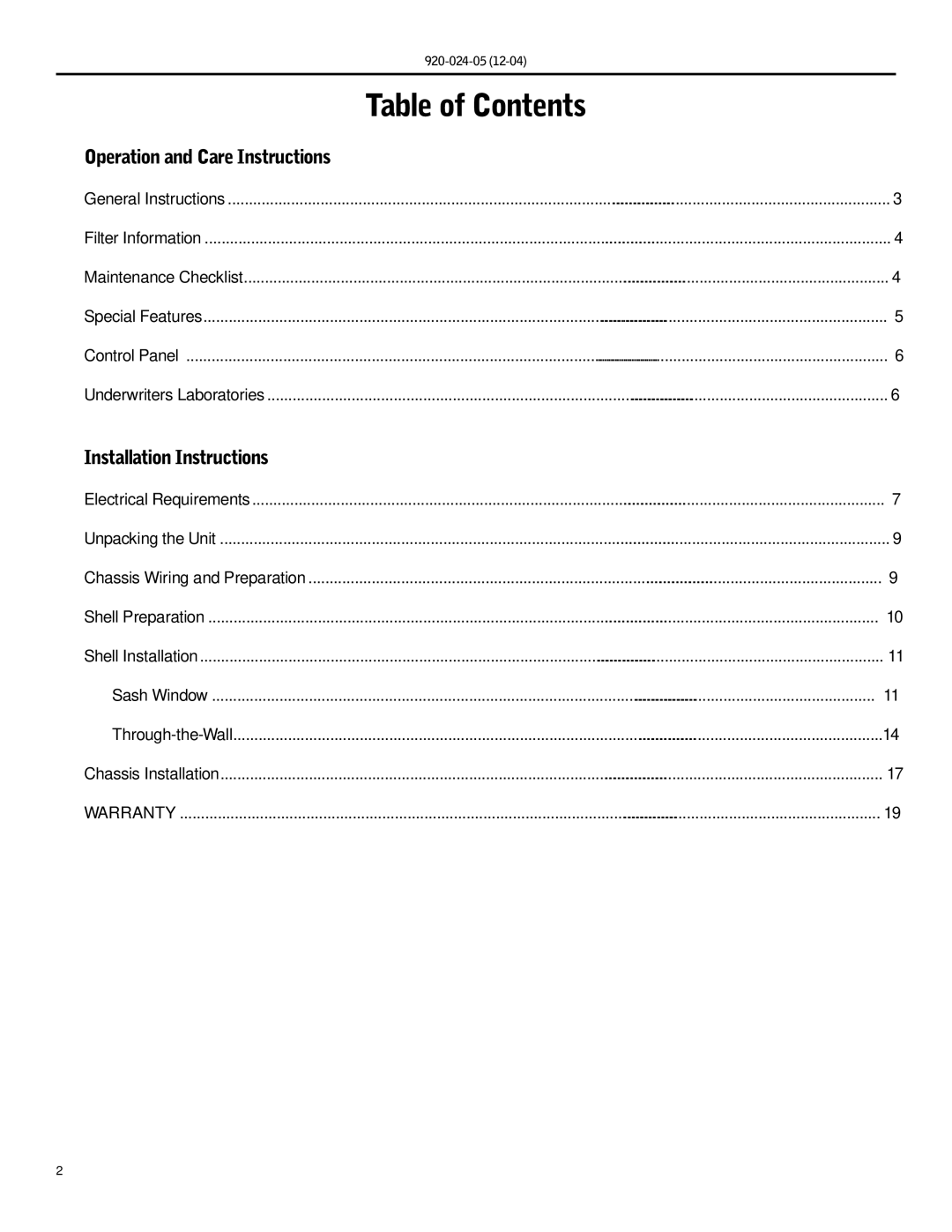 Friedrich SH15, SH20 operation manual Table of Contents 