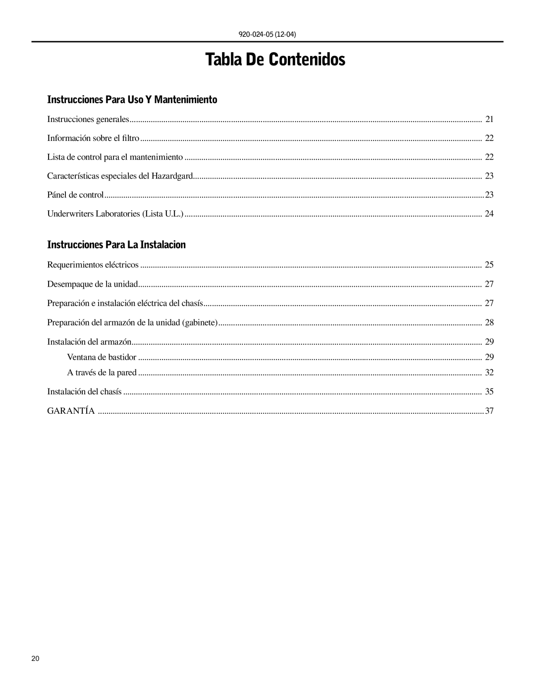 Friedrich SH15, SH20 Tabla De Contenidos, Instrucciones Para Uso Y Mantenimiento, Instrucciones Para La Instalacion 