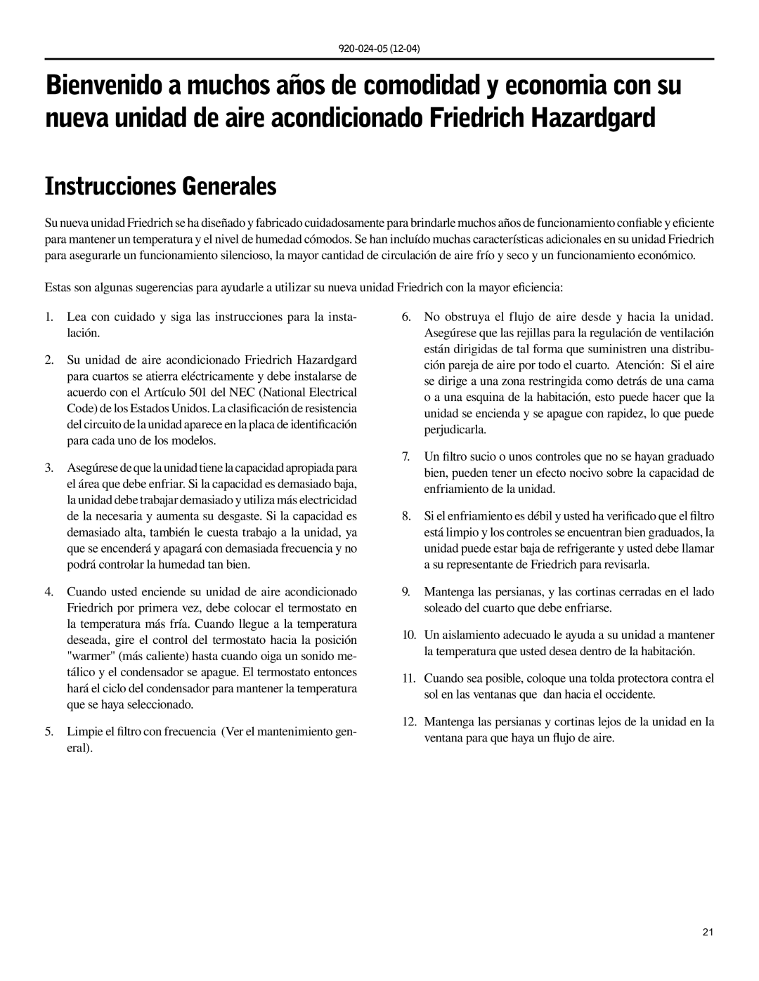 Friedrich SH20, SH15 operation manual Instrucciones Generales 