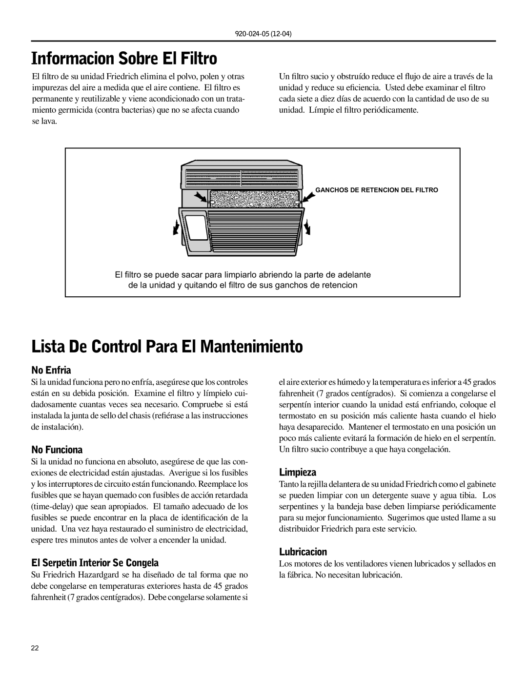 Friedrich SH15, SH20 operation manual Informacion Sobre El Filtro, Lista De Control Para El Mantenimiento 