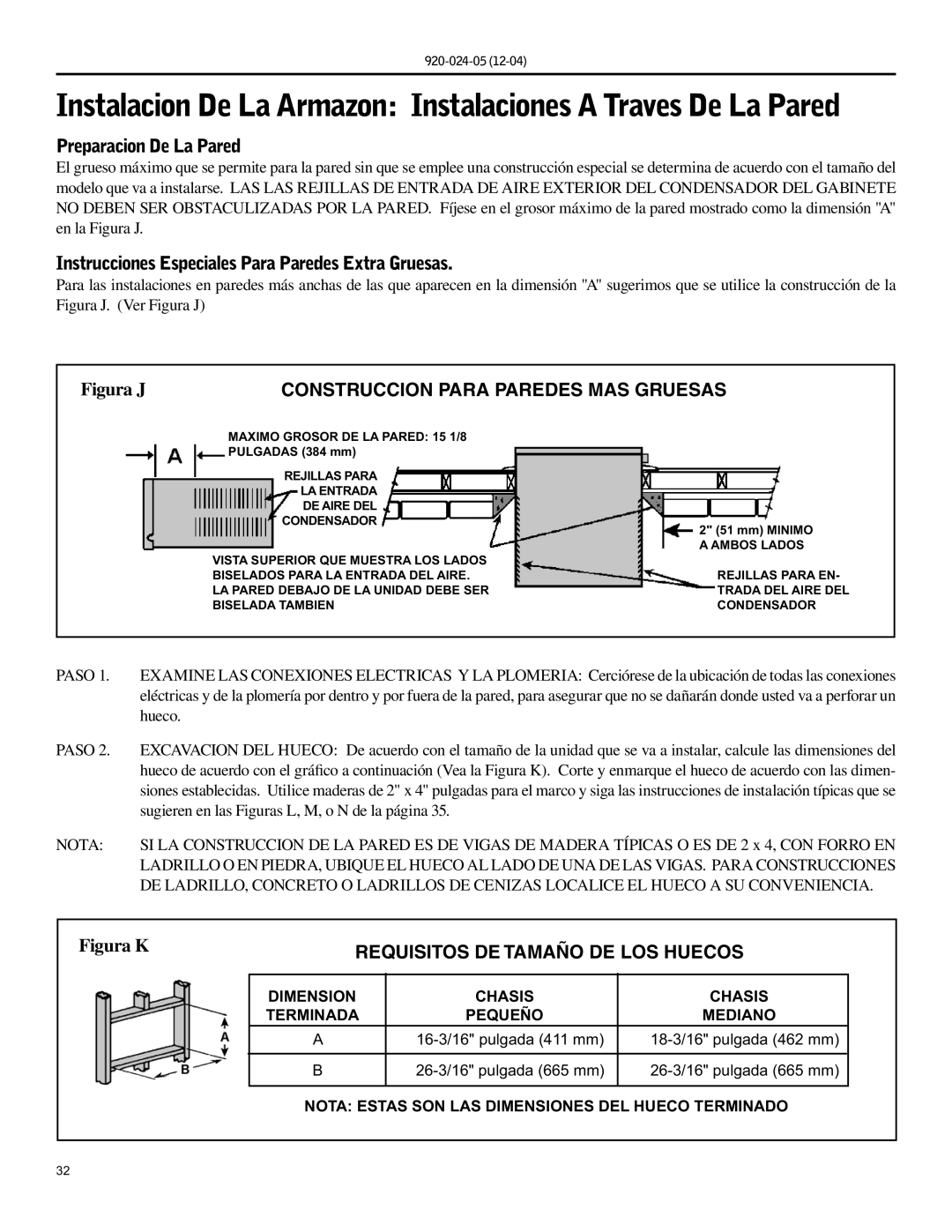 Friedrich SH15, SH20 operation manual Preparacion De La Pared, Instrucciones Especiales Para Paredes Extra Gruesas 