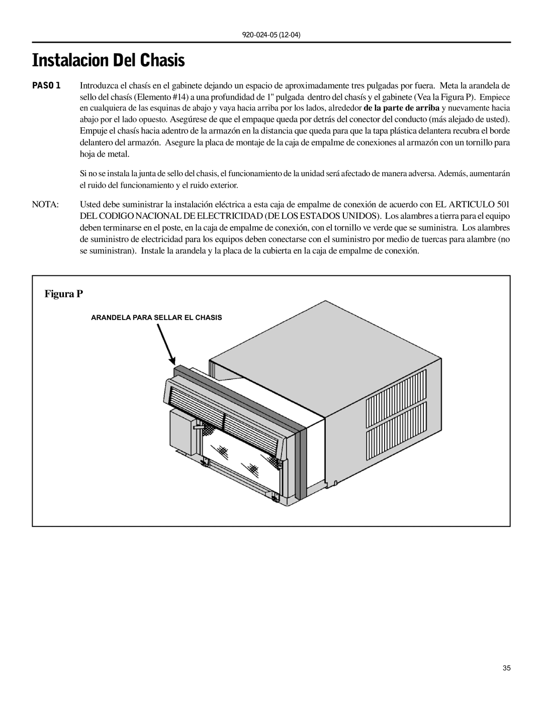 Friedrich SH20, SH15 operation manual Instalacion Del Chasis, Paso 