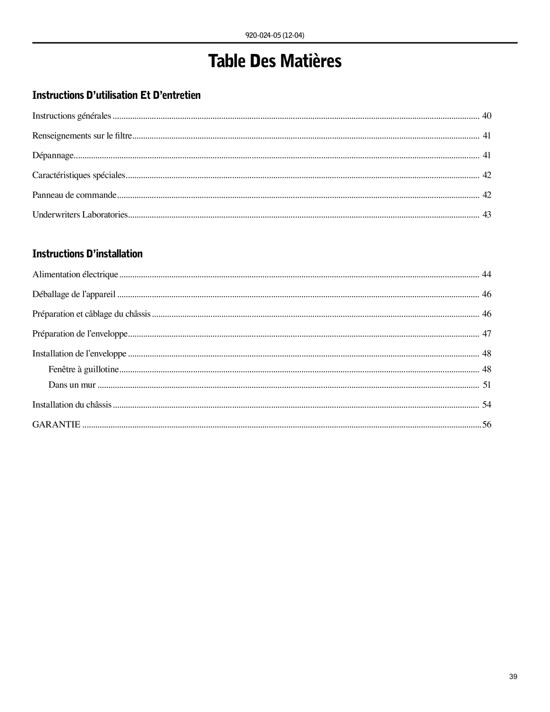 Friedrich SH20, SH15 operation manual Table Des Matières, Instructions D’installation 