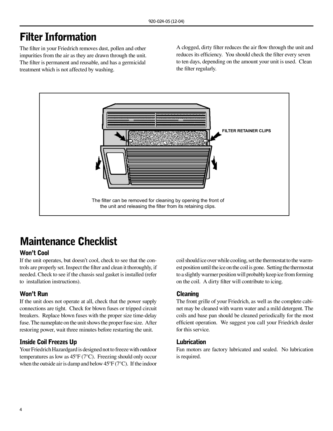 Friedrich SH15, SH20 operation manual Filter Information, Maintenance Checklist 