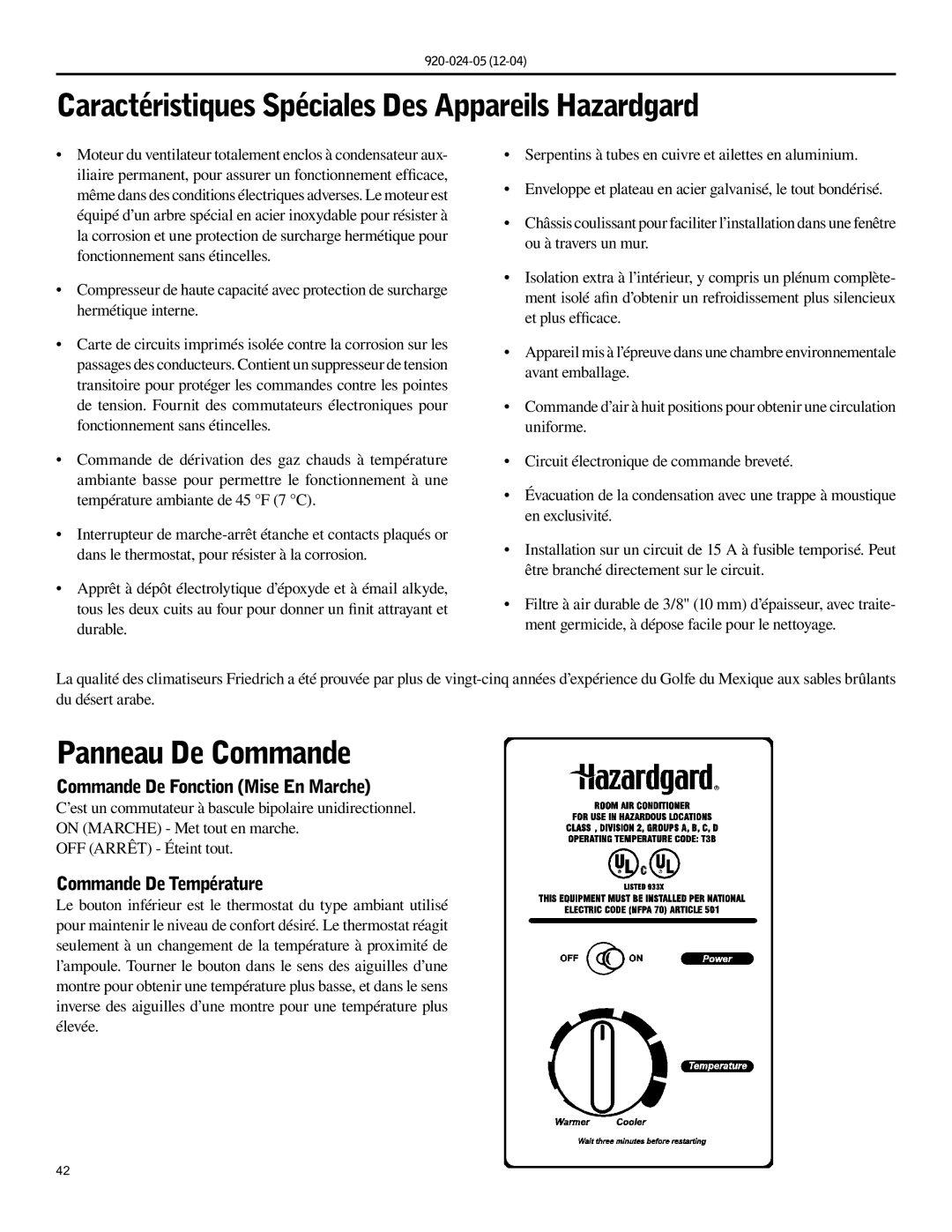 Friedrich SH15, SH20 Caractéristiques Spéciales Des Appareils Hazardgard, Panneau De Commande, Commande De Température 