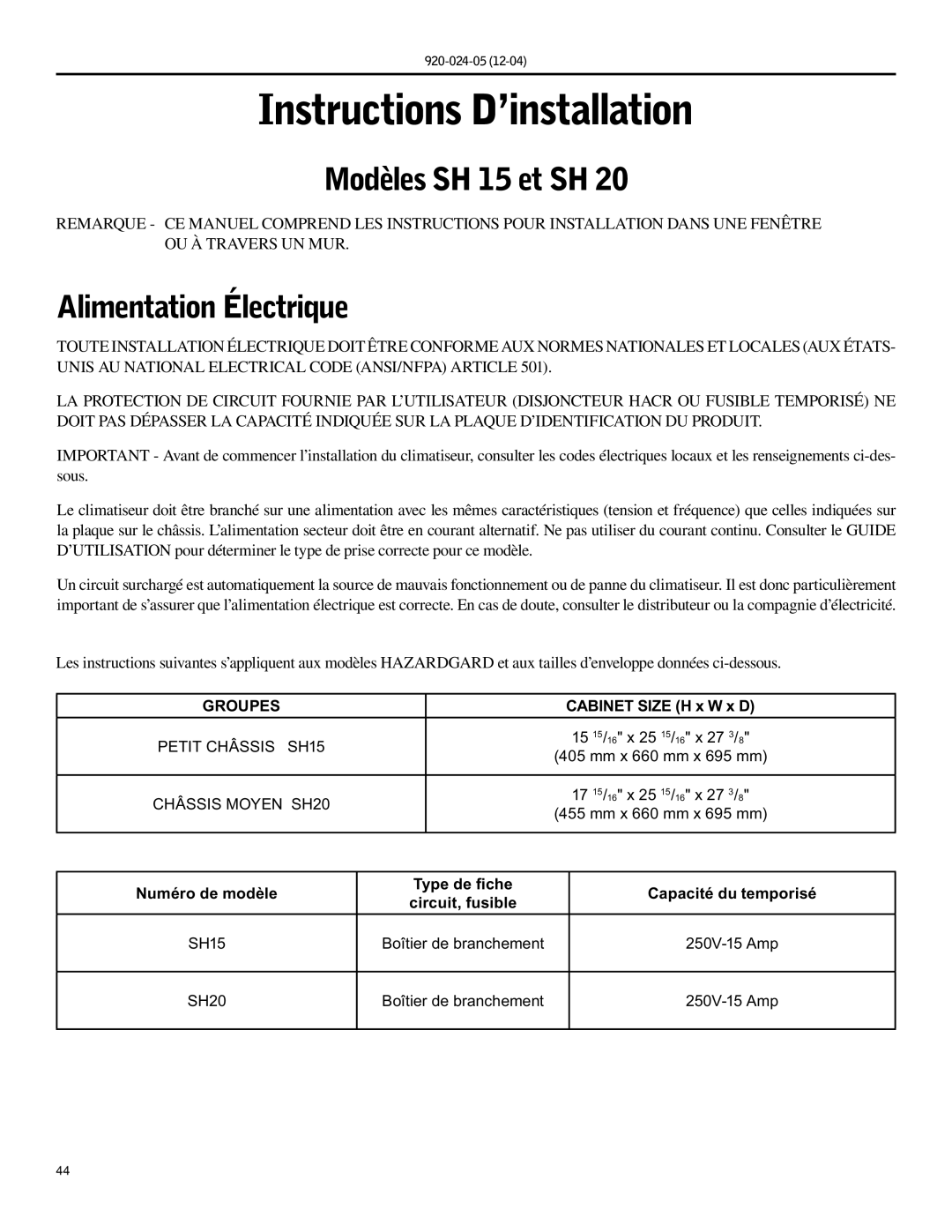 Friedrich SH15, SH20 operation manual Modèles SH 15 et SH, Alimentation Électrique, Groupes 