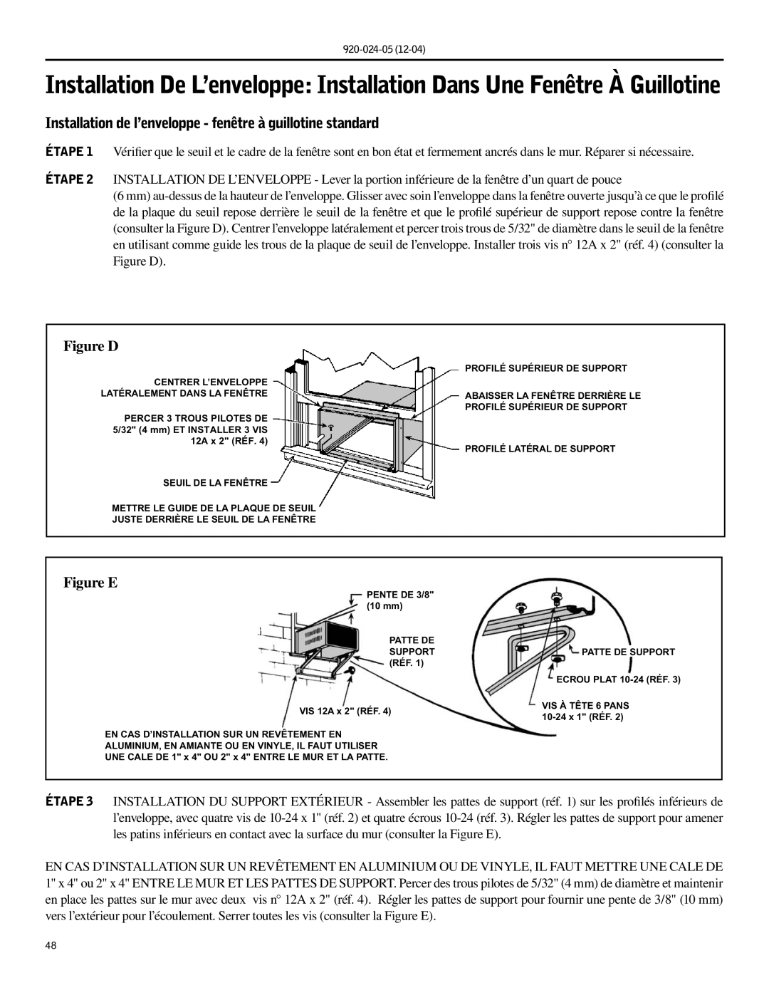 Friedrich SH15, SH20 operation manual Installation de l’enveloppe fenêtre à guillotine standard, Patte DE Support RÉF 