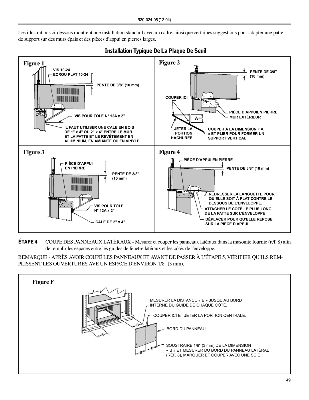 Friedrich SH20, SH15 operation manual Installation Typique De La Plaque De Seuil, Figure F 