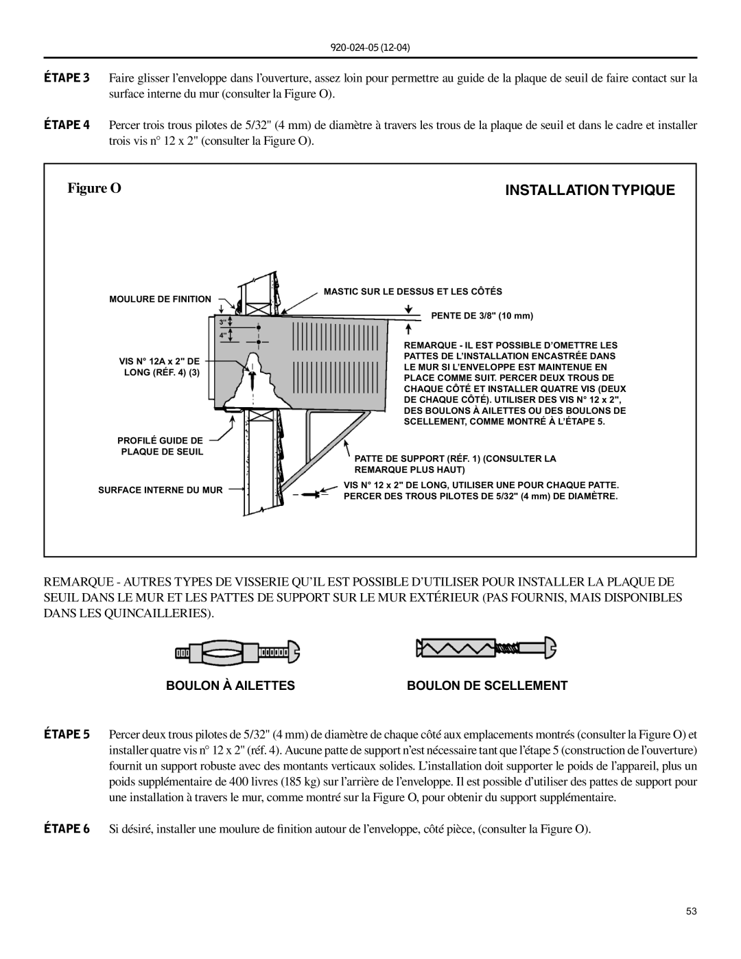 Friedrich SH20, SH15 operation manual Installation Typique, Boulon DE Scellement 