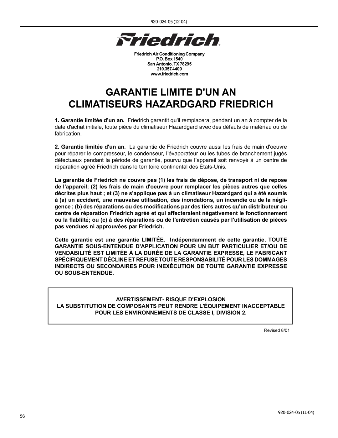 Friedrich SH15, SH20 operation manual Garantie Limite DUN AN Climatiseurs Hazardgard Friedrich 