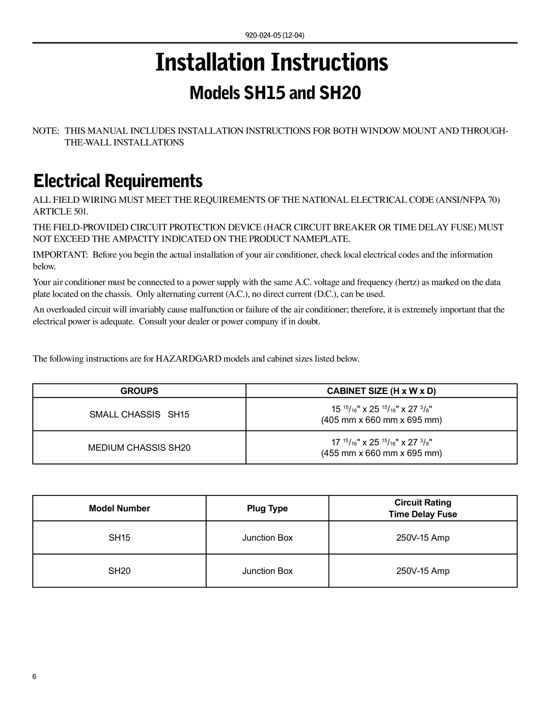 Friedrich operation manual Models SH15 and SH20 Electrical Requirements, Groups 