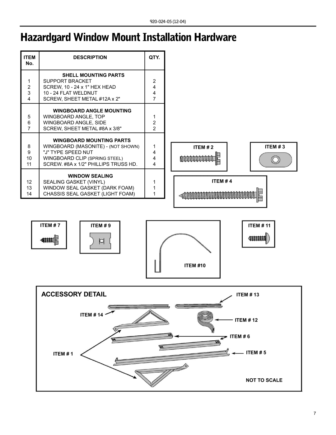 Friedrich SH20, SH15 operation manual Hazardgard Window Mount Installation Hardware, Accessory Detail 