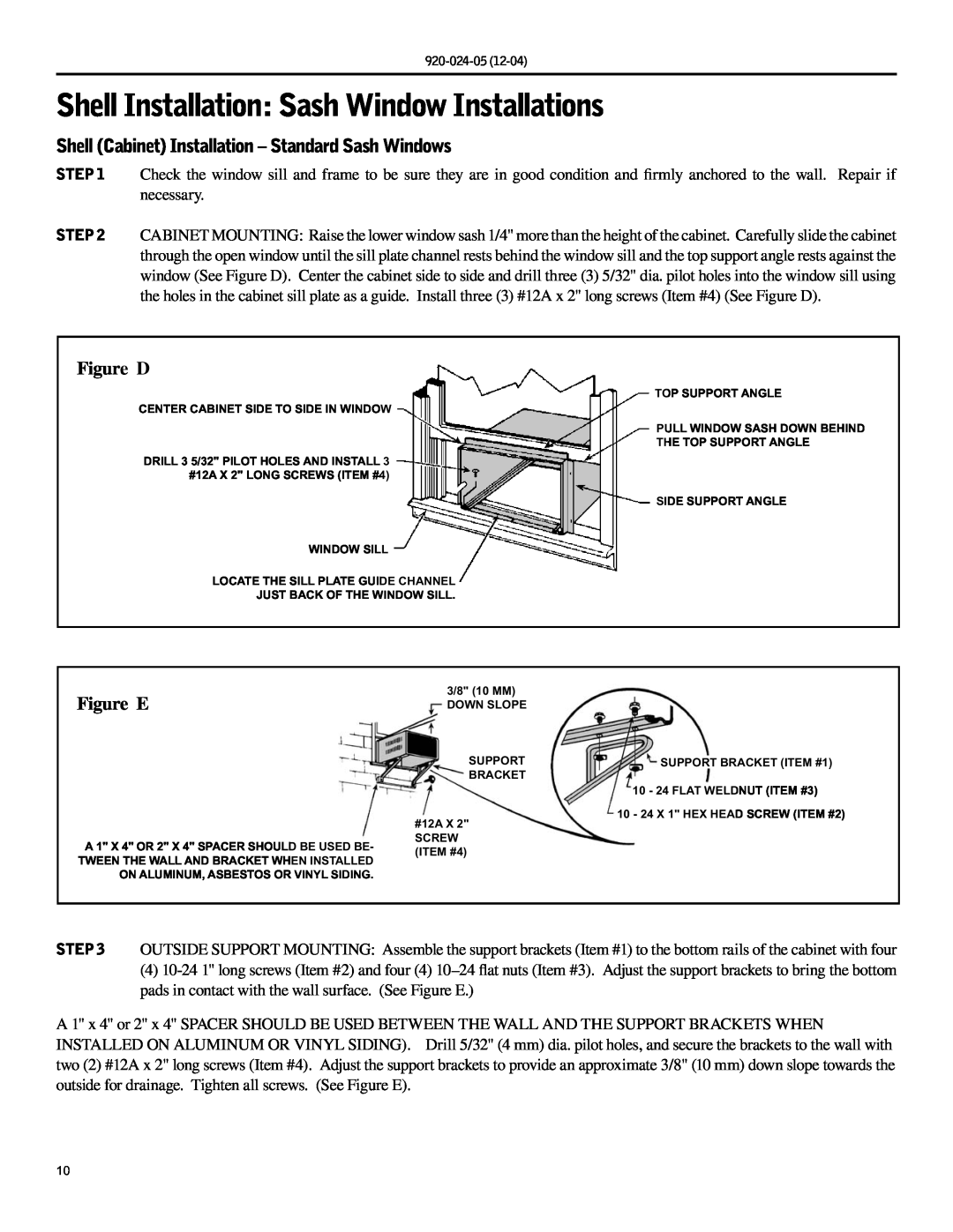 Friedrich SH15, SH20 operation manual Shell Installation: Sash Window Installations, Figure D, Figure E 