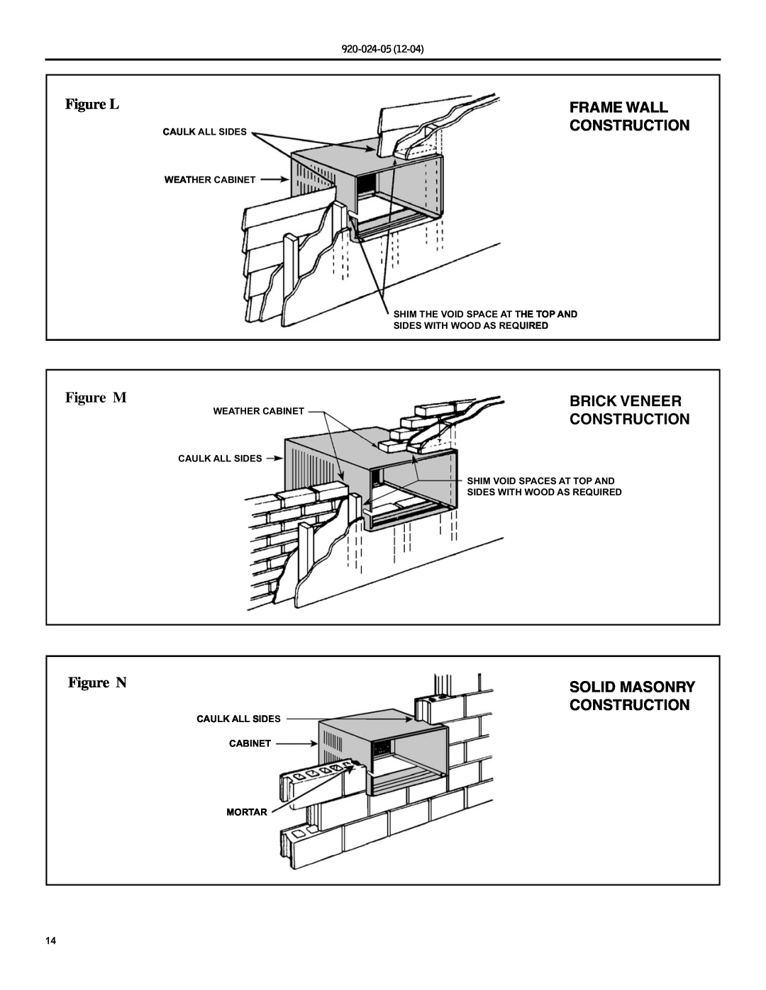 Friedrich SH15 Figure L, Frame Wall Construction, Figure M, Brick Veneer Construction, Figure N, Solid Masonry, 920-024-05 