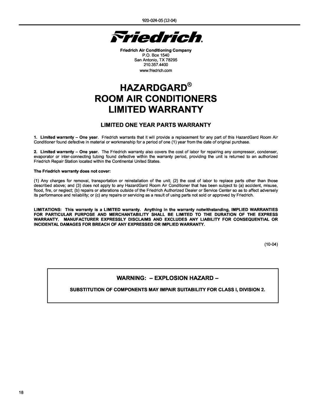 Friedrich SH15, SH20 Hazardgard Room Air Conditioners Limited Warranty, Limited One Year Parts Warranty, 920-024-05 
