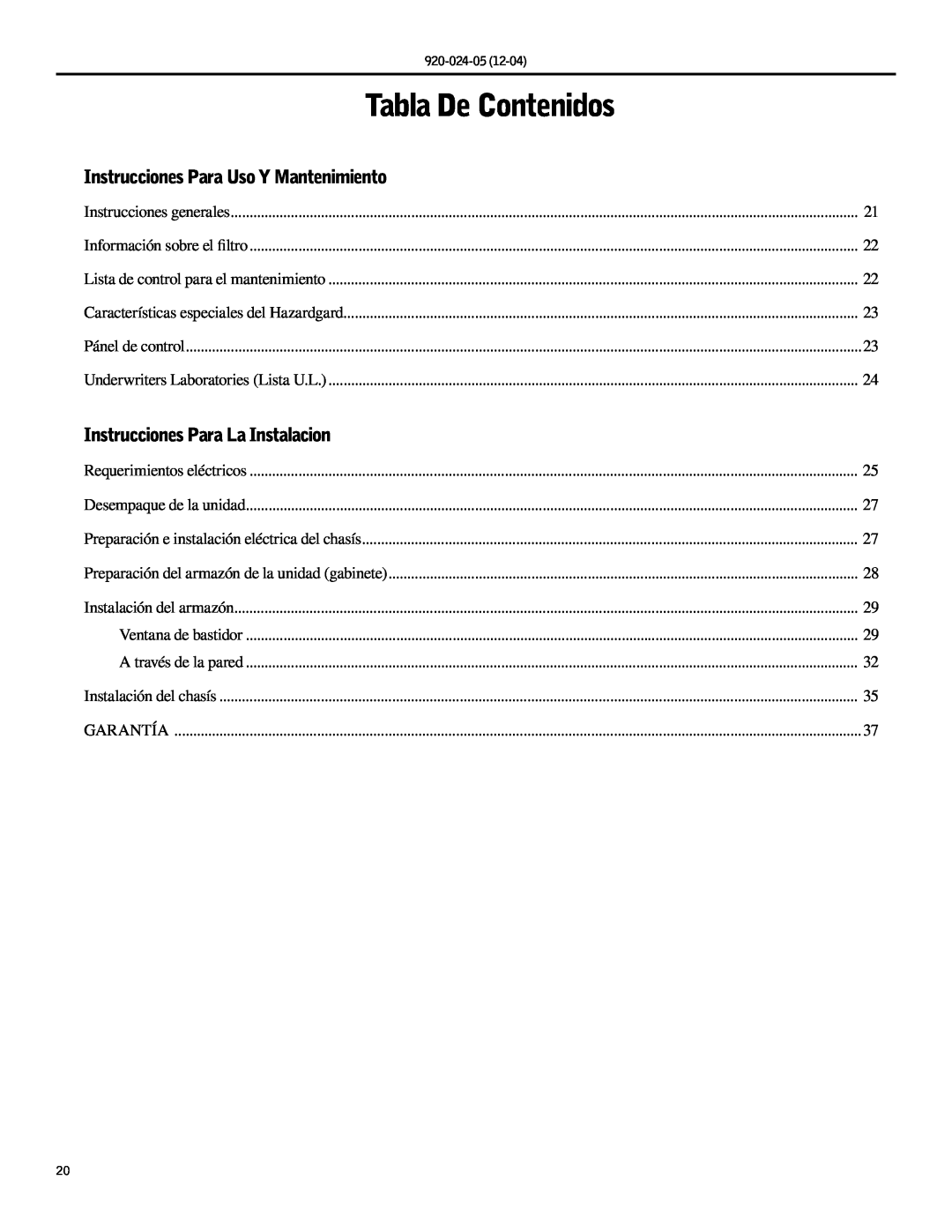 Friedrich SH15, SH20 Tabla De Contenidos, Instrucciones Para Uso Y Mantenimiento, Instrucciones Para La Instalacion 