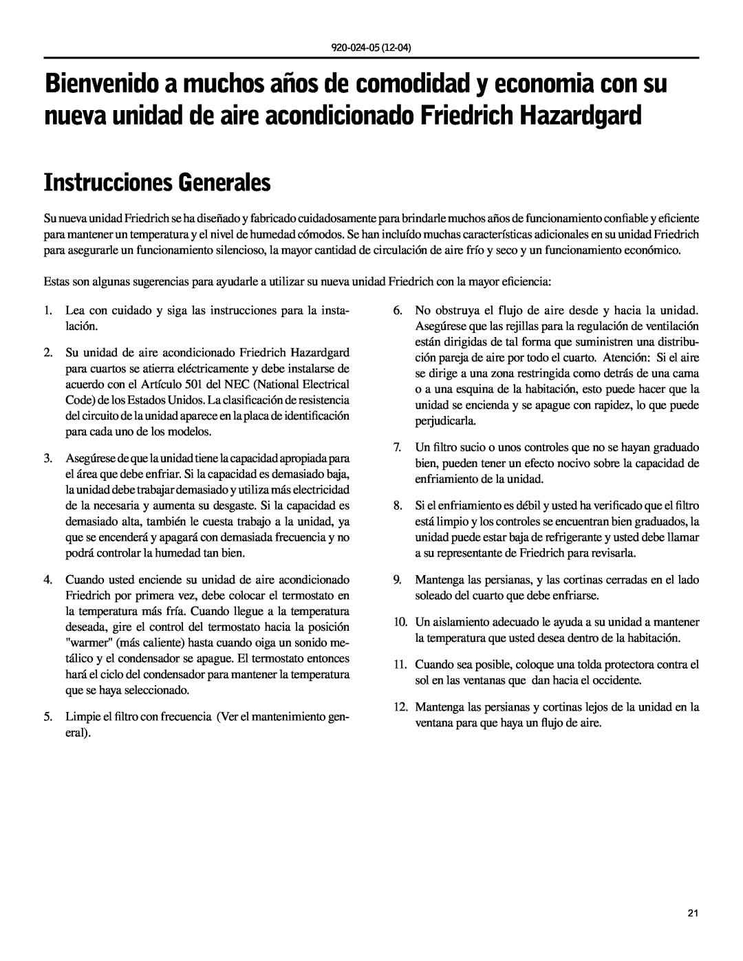 Friedrich SH20, SH15 operation manual Instrucciones Generales 