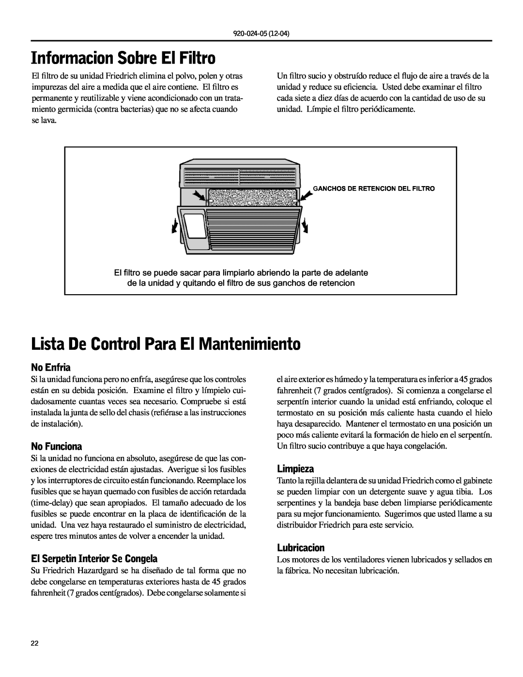 Friedrich SH15, SH20 Informacion Sobre El Filtro, Lista De Control Para El Mantenimiento, No Enfria, No Funciona, Limpieza 