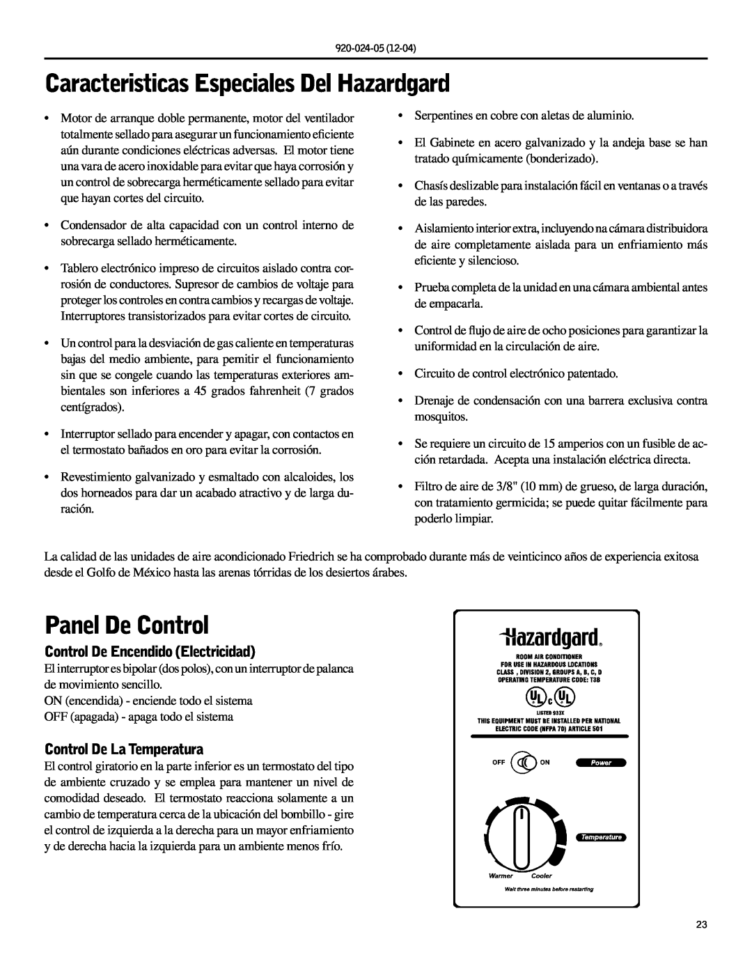 Friedrich SH20, SH15 Caracteristicas Especiales Del Hazardgard, Panel De Control, Control De Encendido Electricidad 