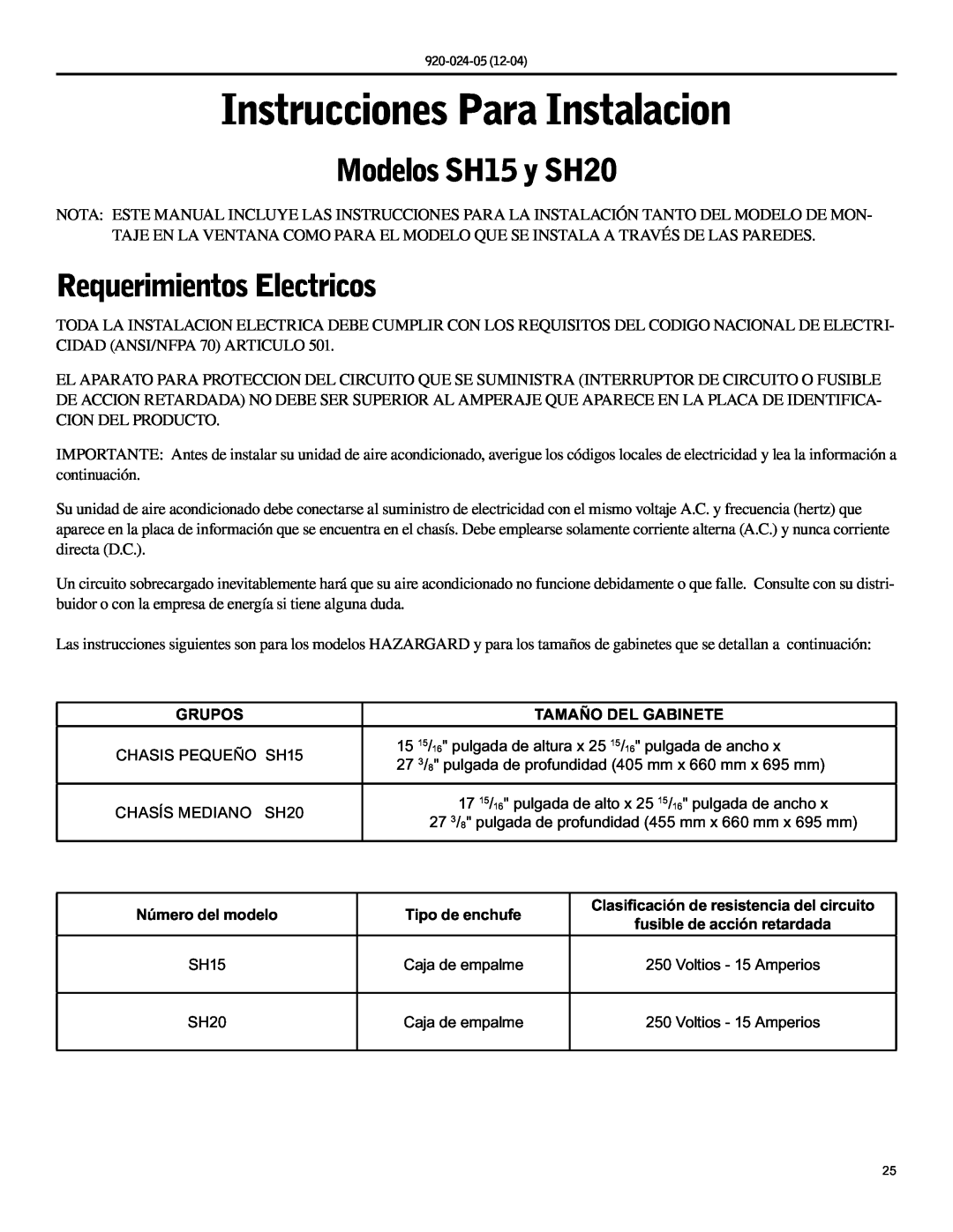 Friedrich operation manual Instrucciones Para Instalacion, Modelos SH15 y SH20, Requerimientos Electricos 