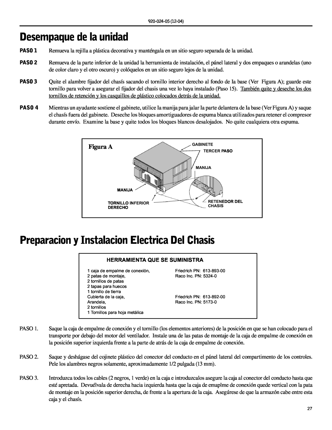 Friedrich SH20, SH15 operation manual Desempaque de la unidad, Preparacion y Instalacion Electrica Del Chasis, Figura A 