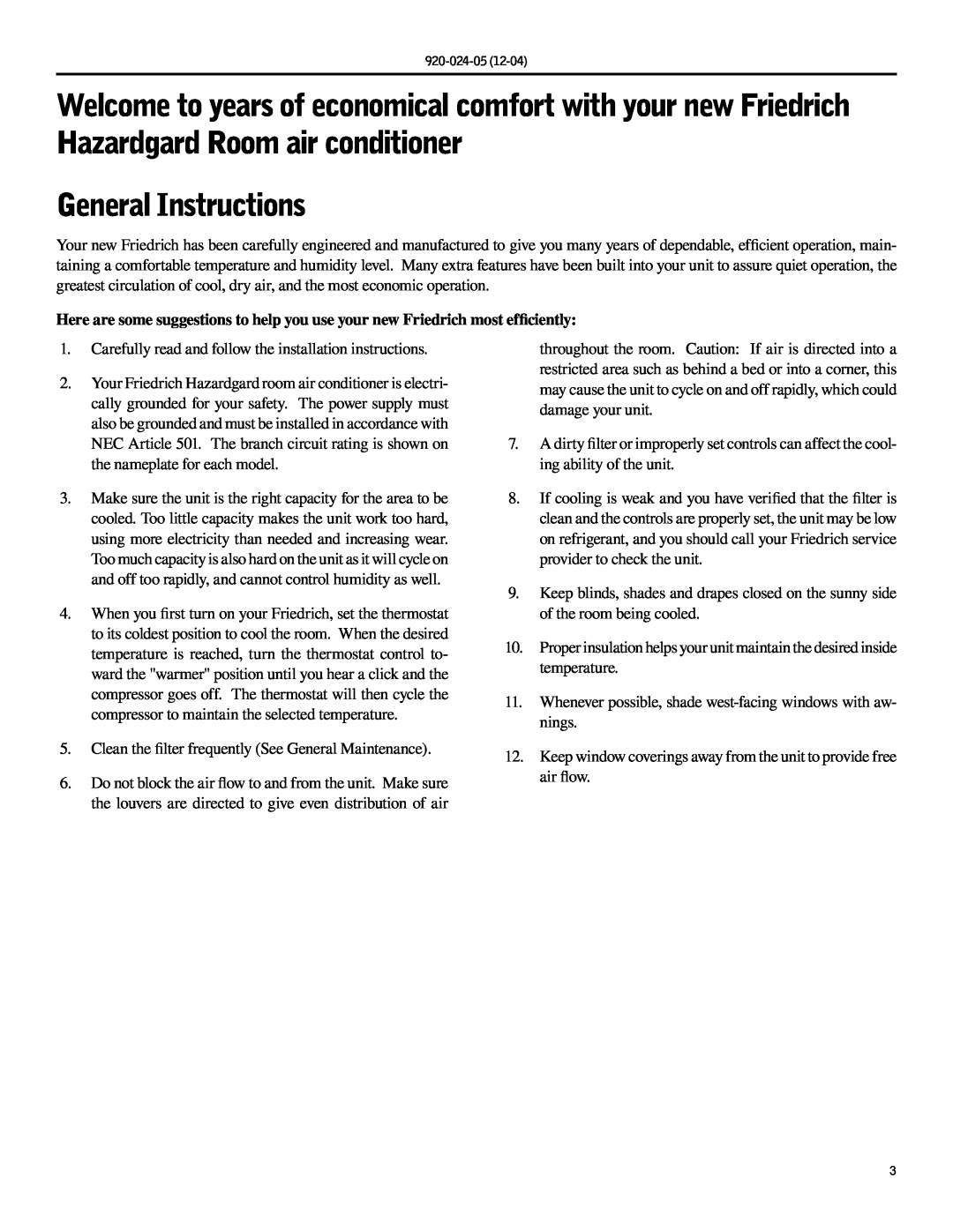 Friedrich SH20, SH15 operation manual General Instructions 