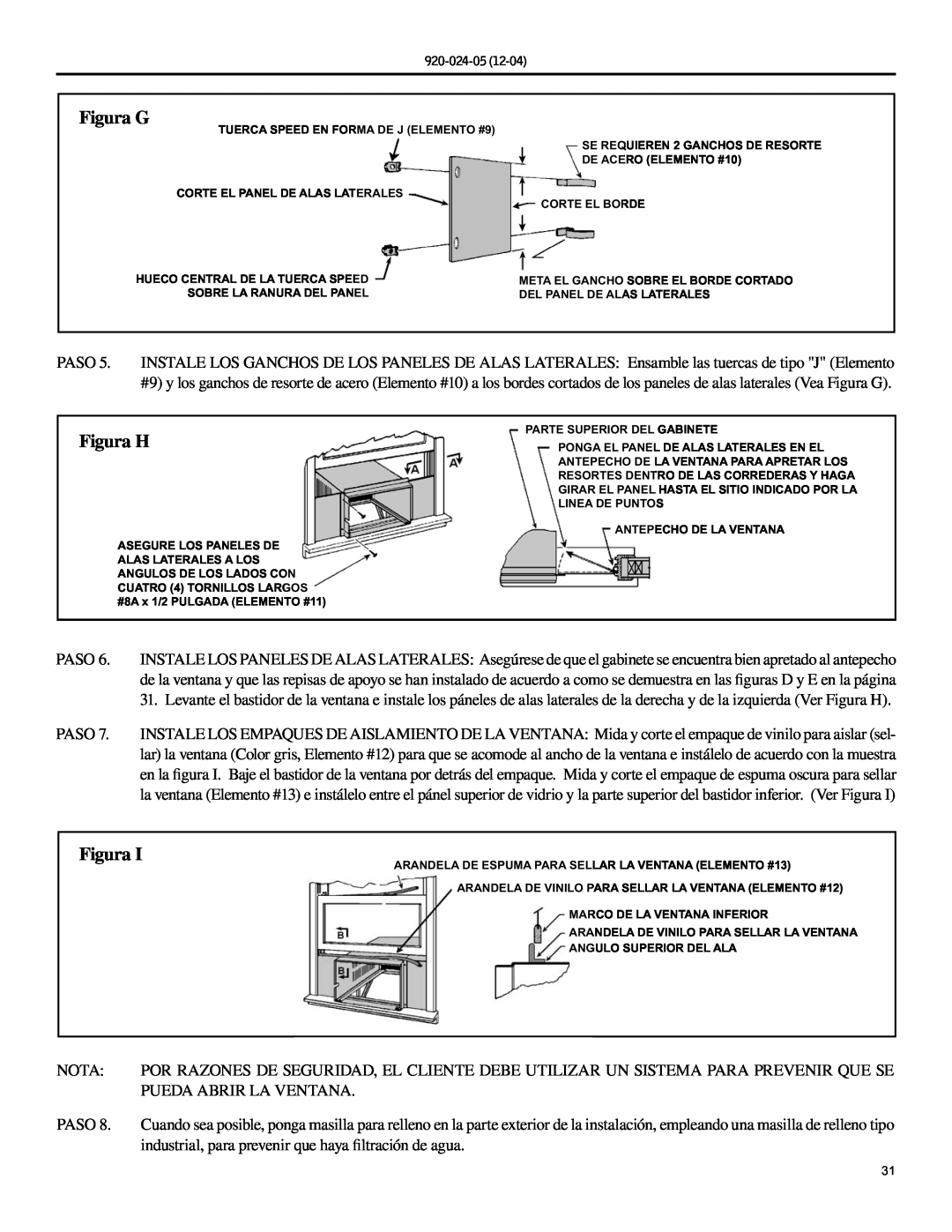 Friedrich SH20, SH15 operation manual Figura G, Figura H, Nota, Pueda Abrir La Ventana, Paso 
