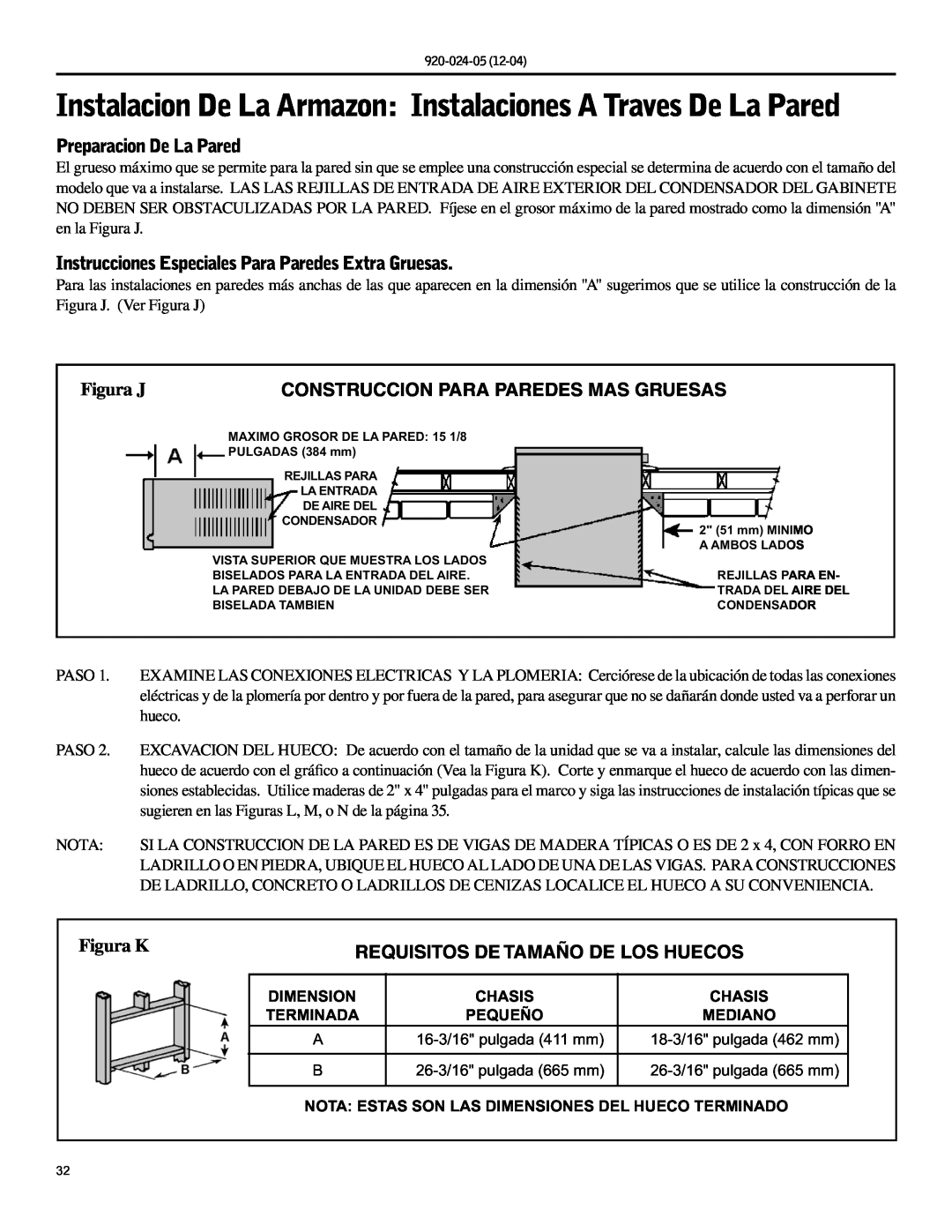 Friedrich SH15, SH20 operation manual Preparacion De La Pared, Figura J, Figura K, Requisitos De Tamaño De Los Huecos 