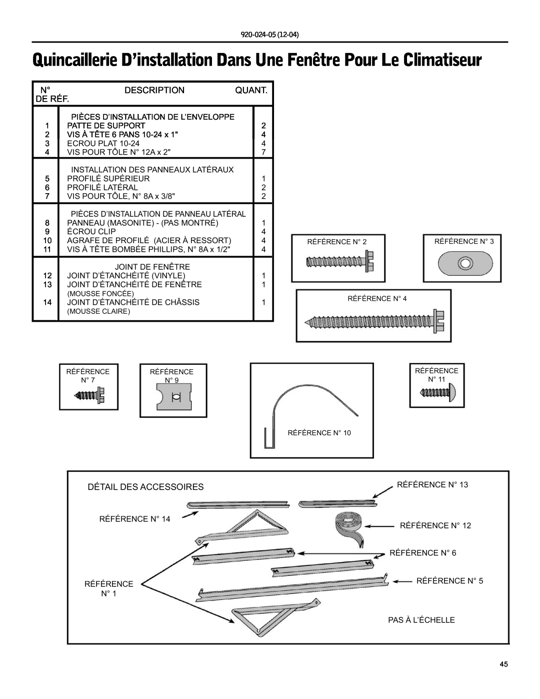Friedrich SH20, SH15 operation manual Description, Quant, De Réf, Détail Des Accessoires 